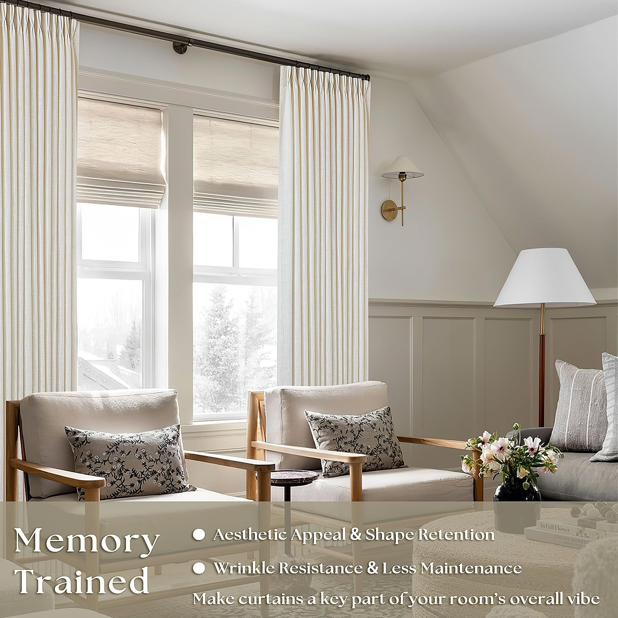 Pinch Pleated Linen Curtains 108 Inches Long For Living Room 2 Panels Set Cream Ivory Flax Double Pleated Drapes Back Tab Neutral Boho Ceiling Floor 108 Inch Window Curtains Bedroom Natural Birch