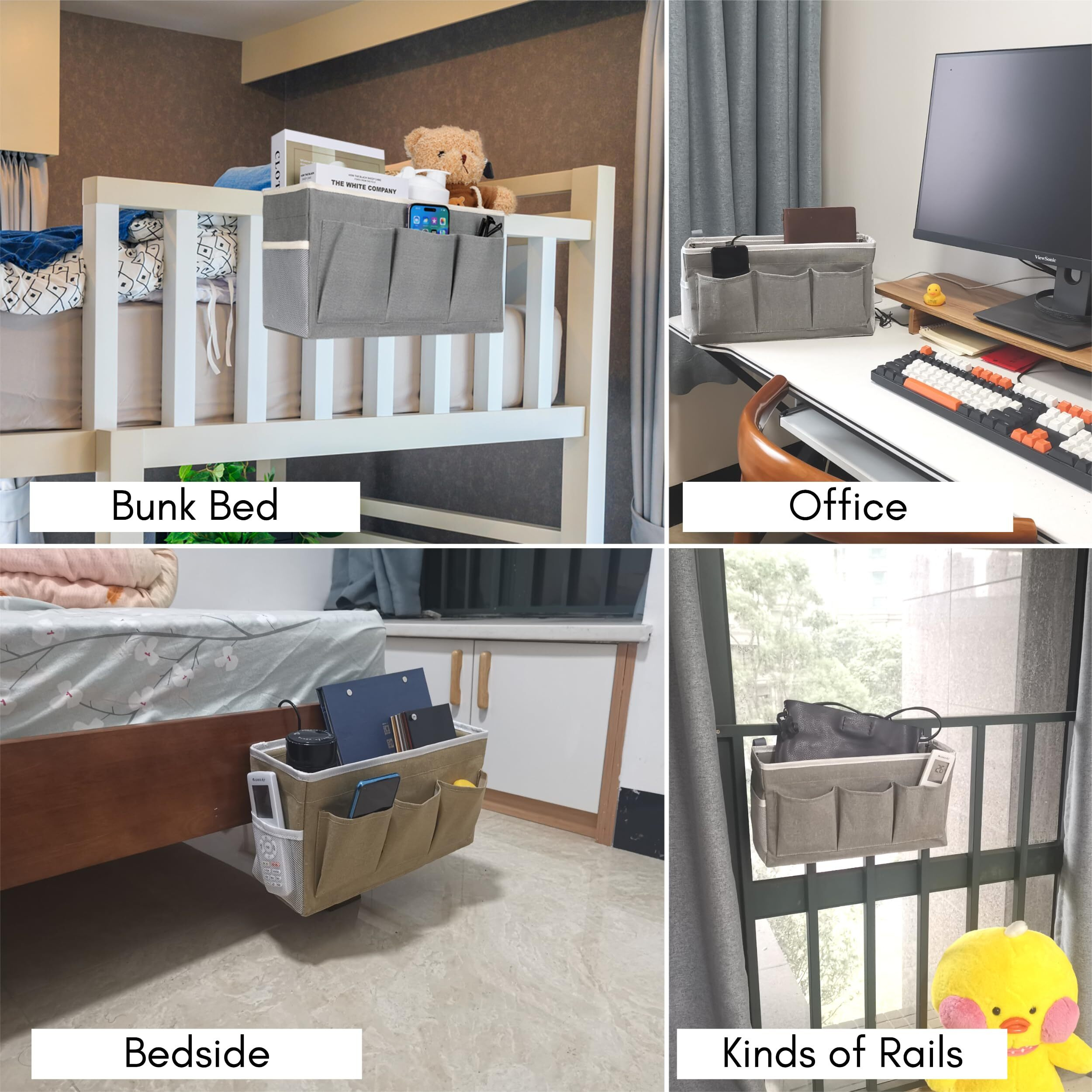 Kanrichu 2Pcs Bedside Caddy Storage Organizer  Hanging Bag Holder With Pockets For Bedroom  Loft Bed Tent  Bed Curtain  Top Bunk Bed Shelf Accessories (Gray)