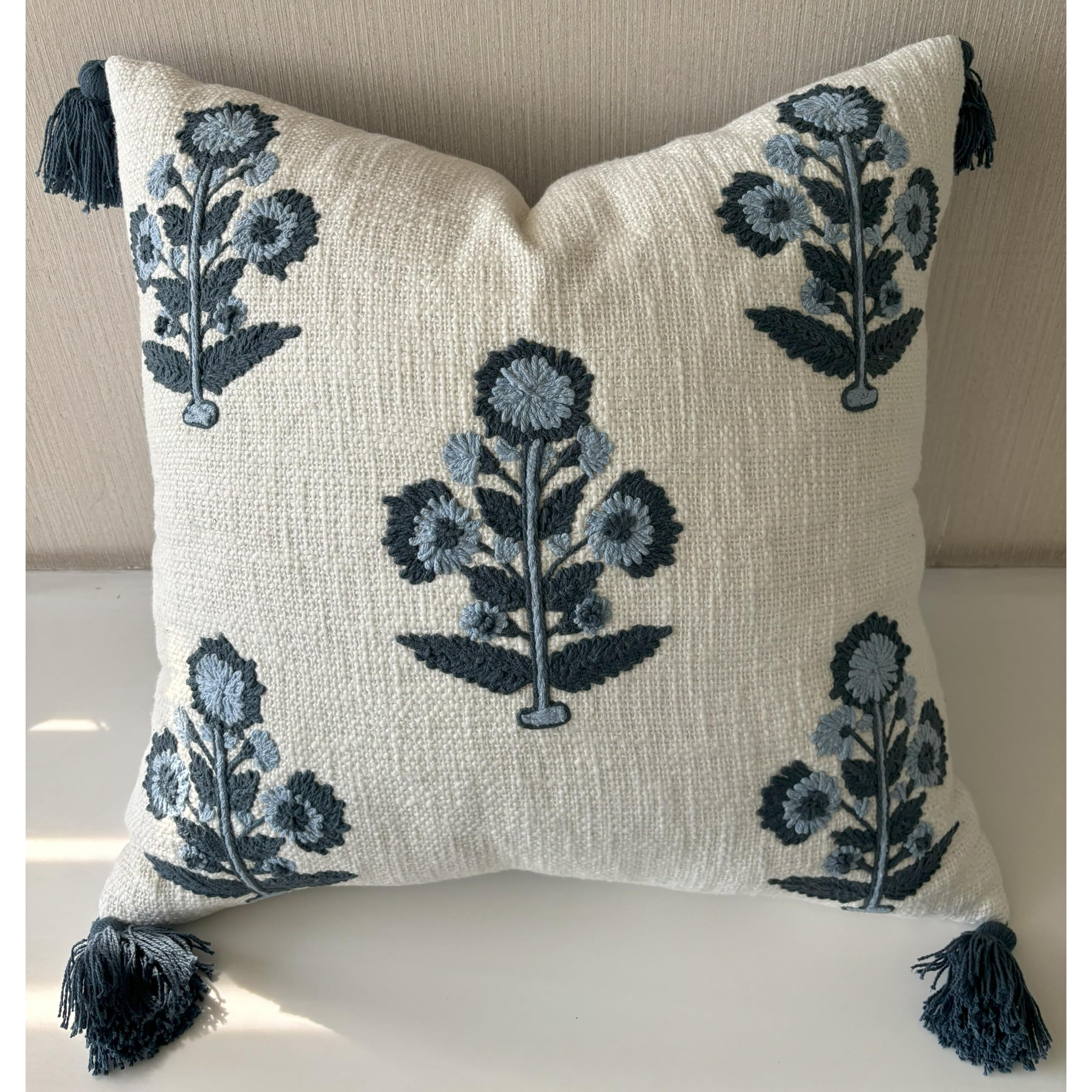 Yugtex Hand Embroidered Russell Motif Decorative Square Accent Throw Pillow Cover - Pillowcase For Living Room Sofa  Couch  Bedroom - Chair Cushion Cover - 20X20  Ivory