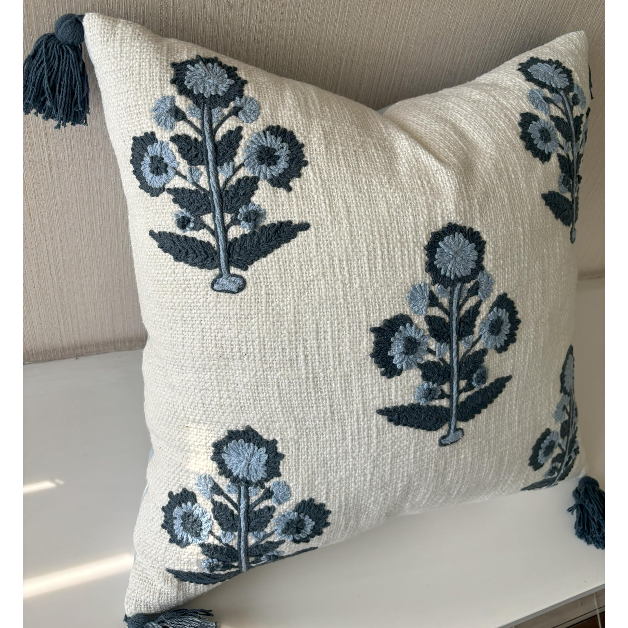 Yugtex Hand Embroidered Russell Motif Decorative Square Accent Throw Pillow Cover - Pillowcase For Living Room Sofa  Couch  Bedroom - Chair Cushion Cover - 20X20  Ivory