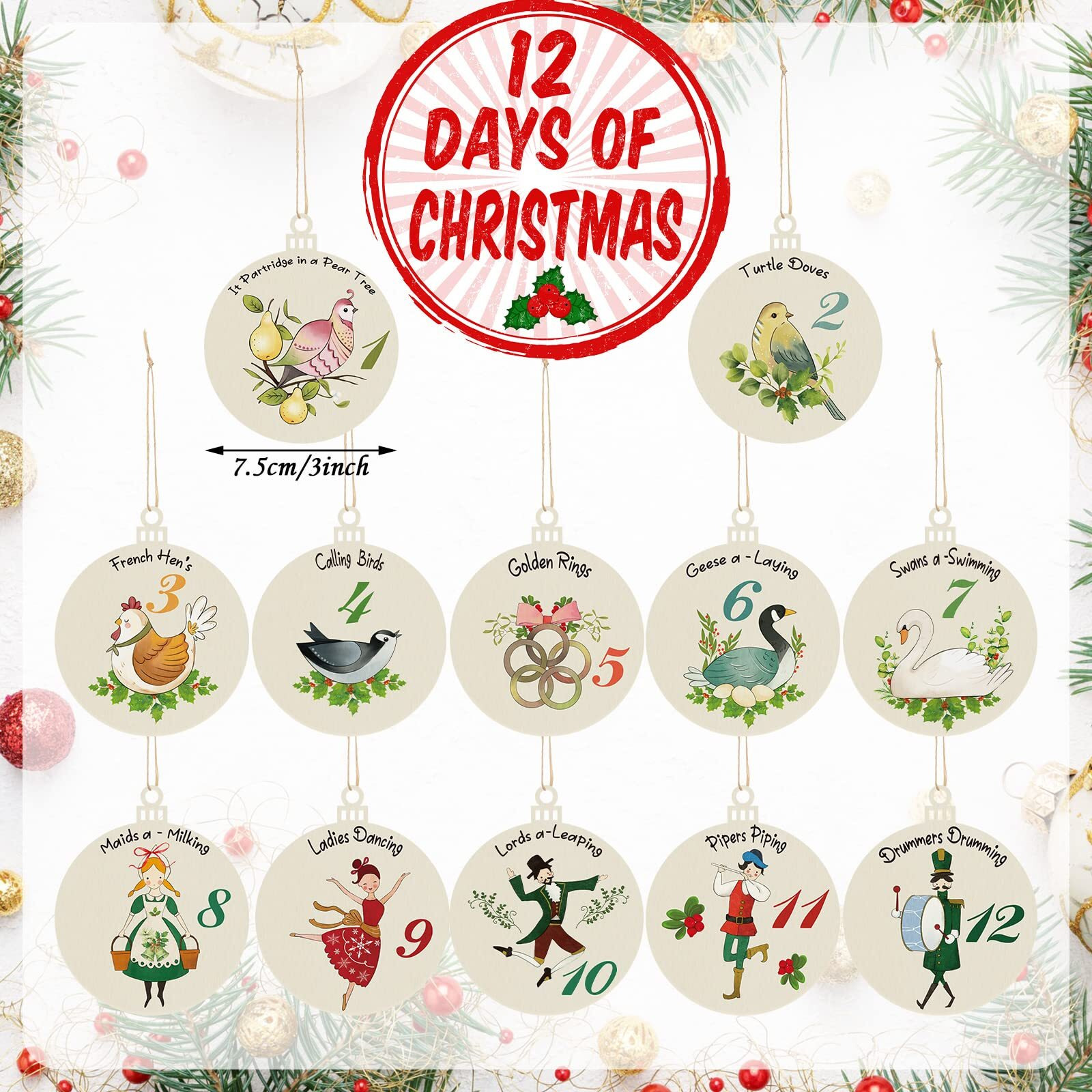 12 Pcs 12 Days Of Christmas Ornaments Wooden Christmas Tree Decorations Hanging Vintage Christmas Decorations Rustic Farmhouse Ornaments Set 12 Days For Xmas Holiday Party Supplies