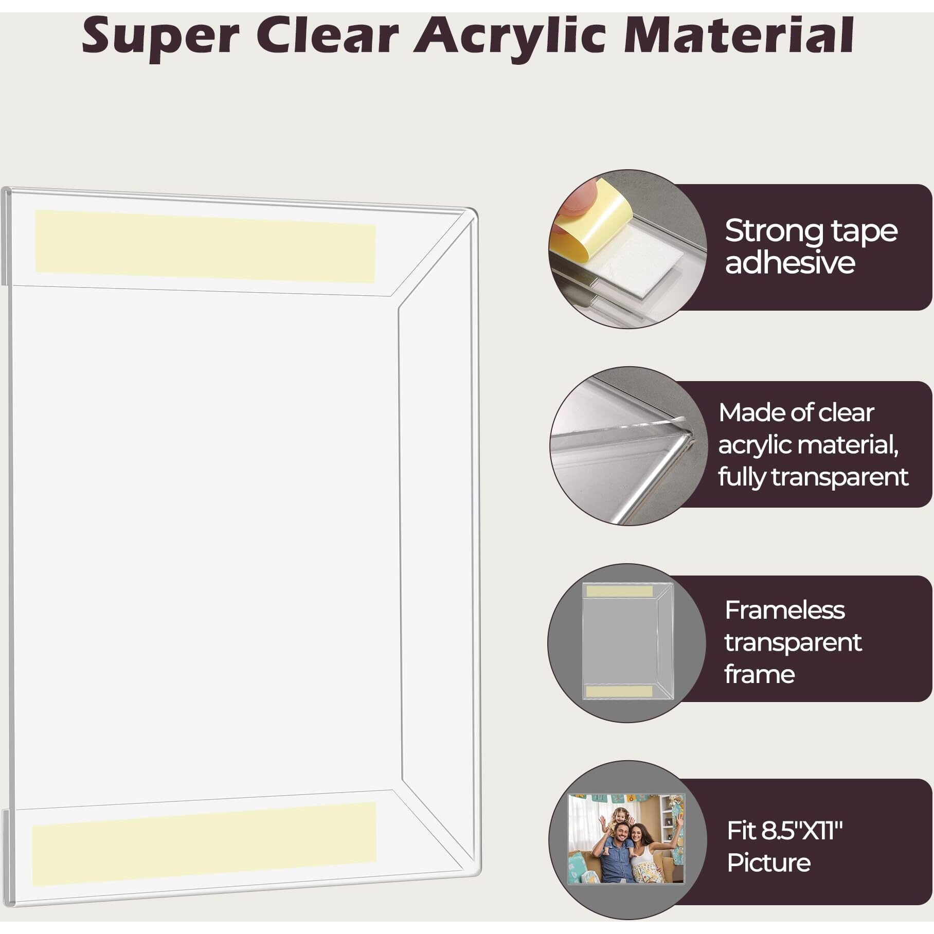 8 X 12 Acrylic Picture Frame  Horizontal/Vertical Clear Photo Frame For Wall With Tape  No Drilling Floating Hanging Frameless Picture Frame  Wall Mount Sign Holder 8X12 For Home  School  Office