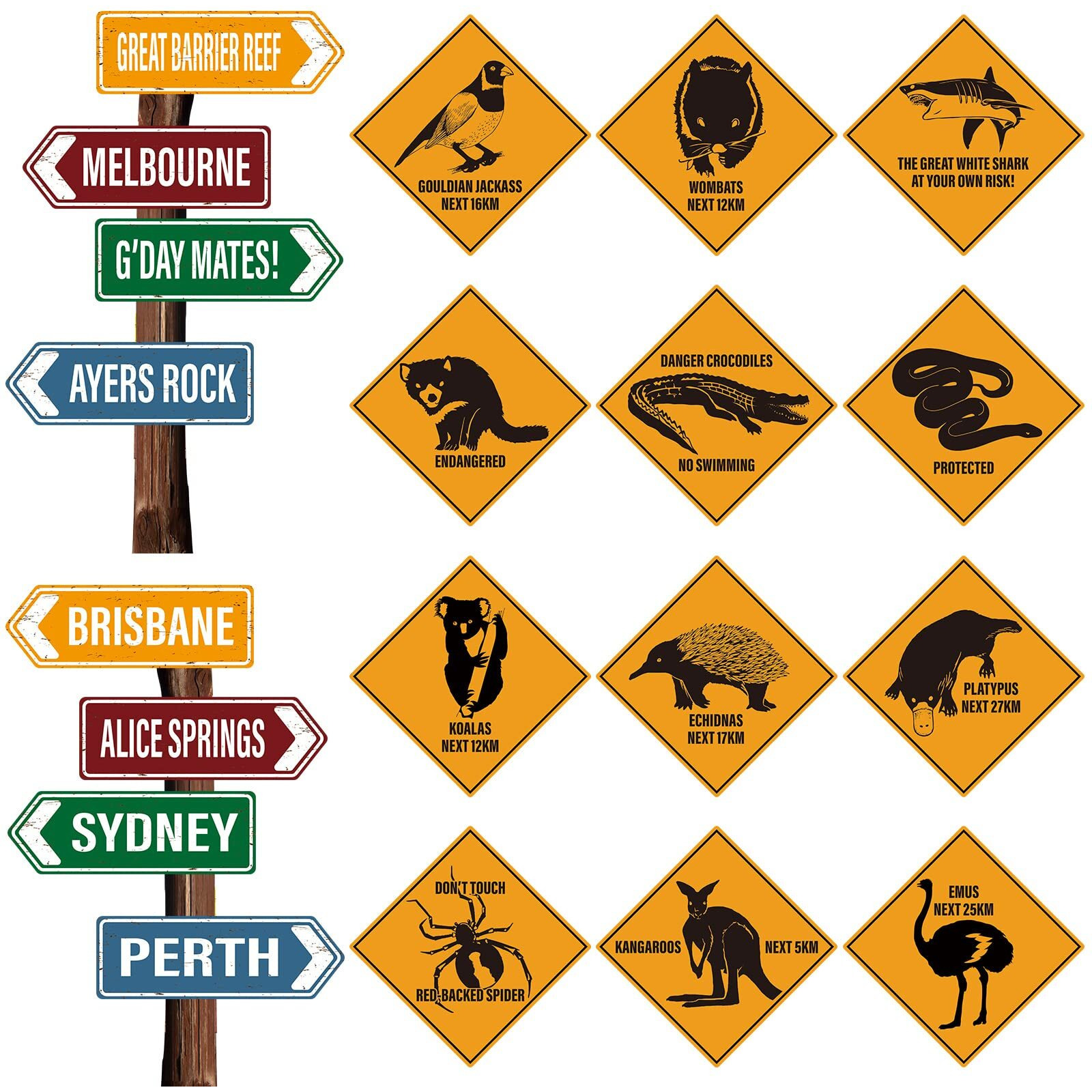 Perkoop 16 Pieces Australian Party Decoration Outback Road Sign Cutouts Australian Theme Decoration Outback Road Street Sign G'Day Mate Wall Decorations For Festive Occasions
