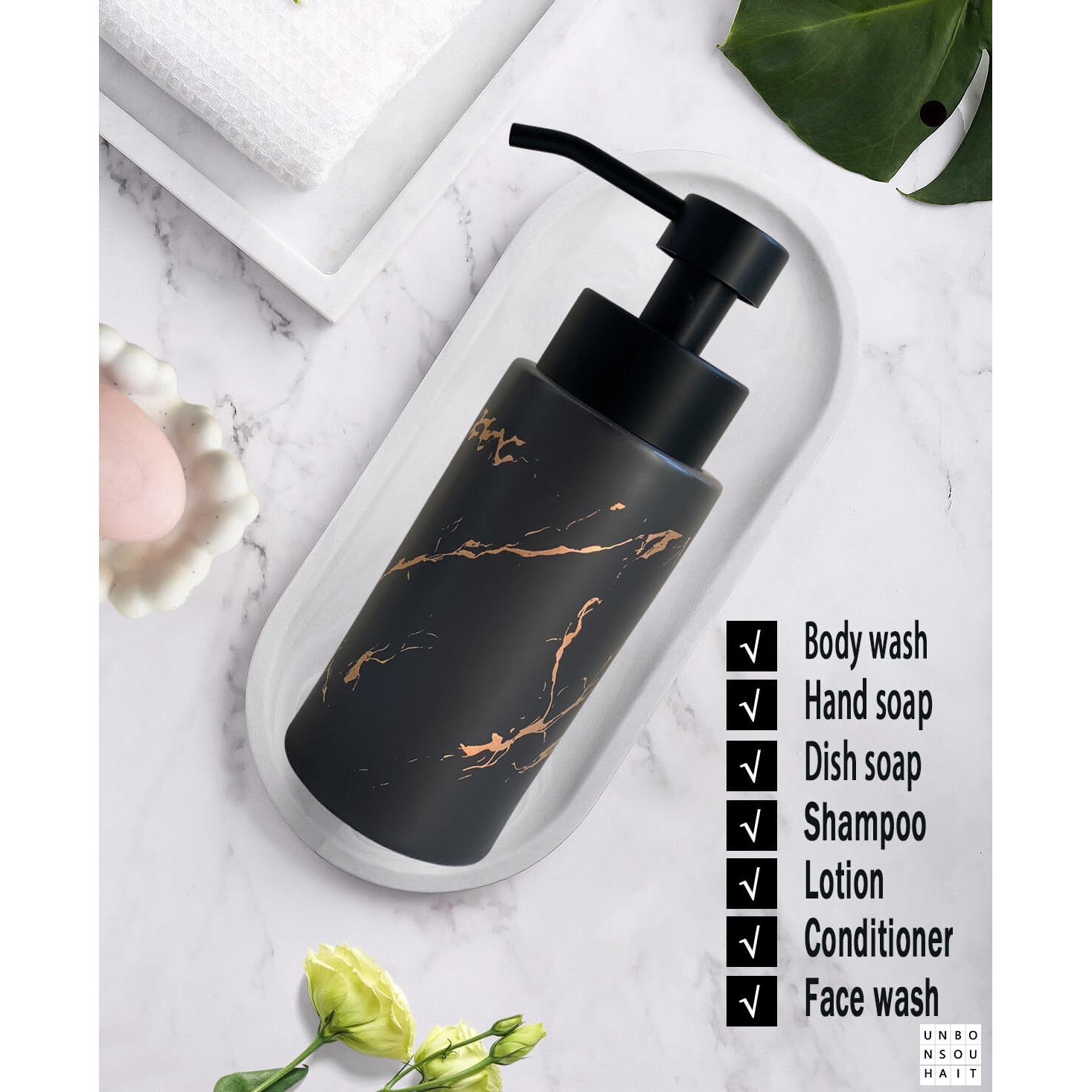 9.5 Oz Foaming Soap Dispenser For Bathroom Kitchen Foam Soap Dispenser Refillable Modern Foam Pump Bottle Black Ceramic Foaming Hand Pump Dispenser (Black Marble)