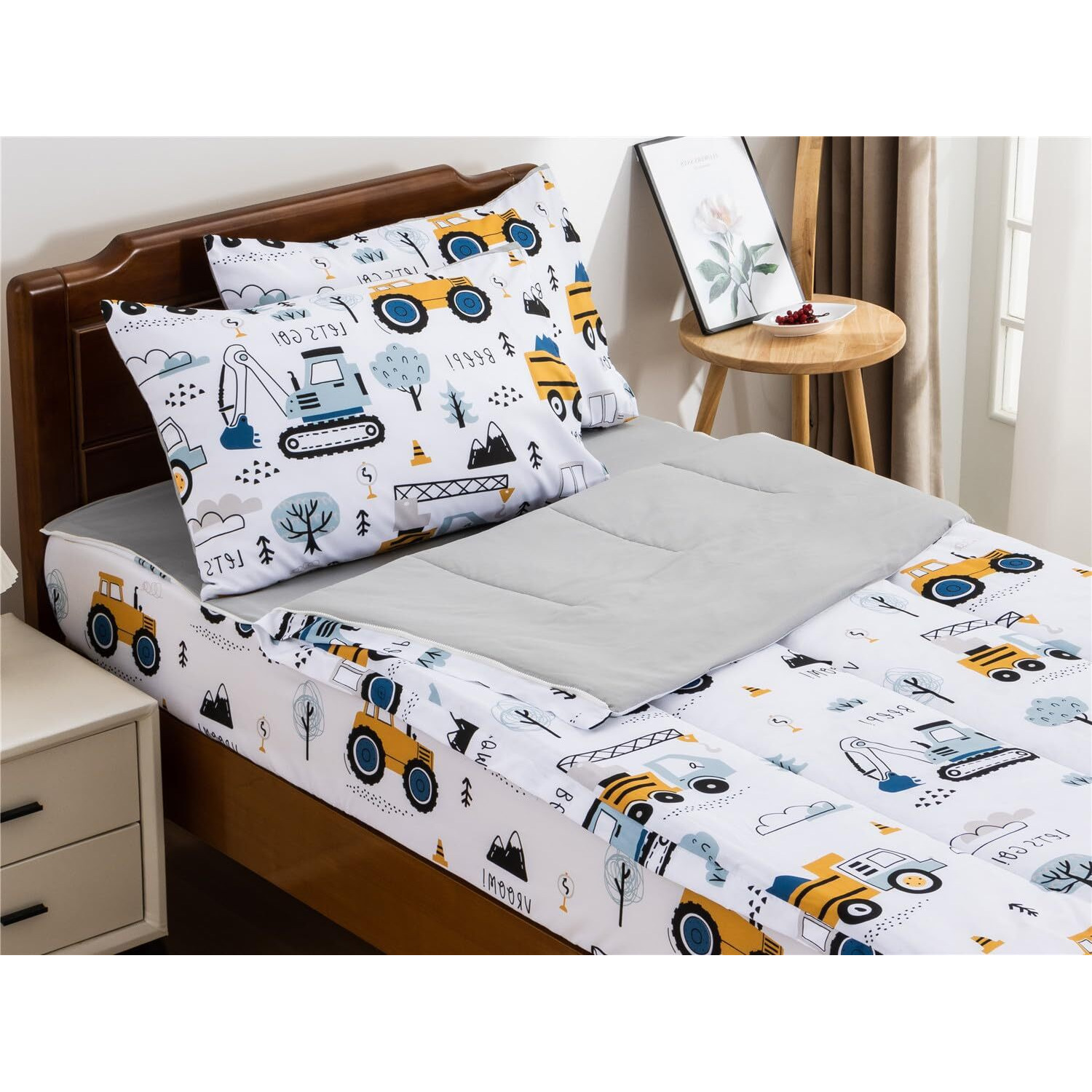 Ntbed Construction Truck Printed Zipper Bedding Sets Twin Lightweight Microfiber Forest Car Comforter Sets With Fitted Sheet Pillow Covers White Grey