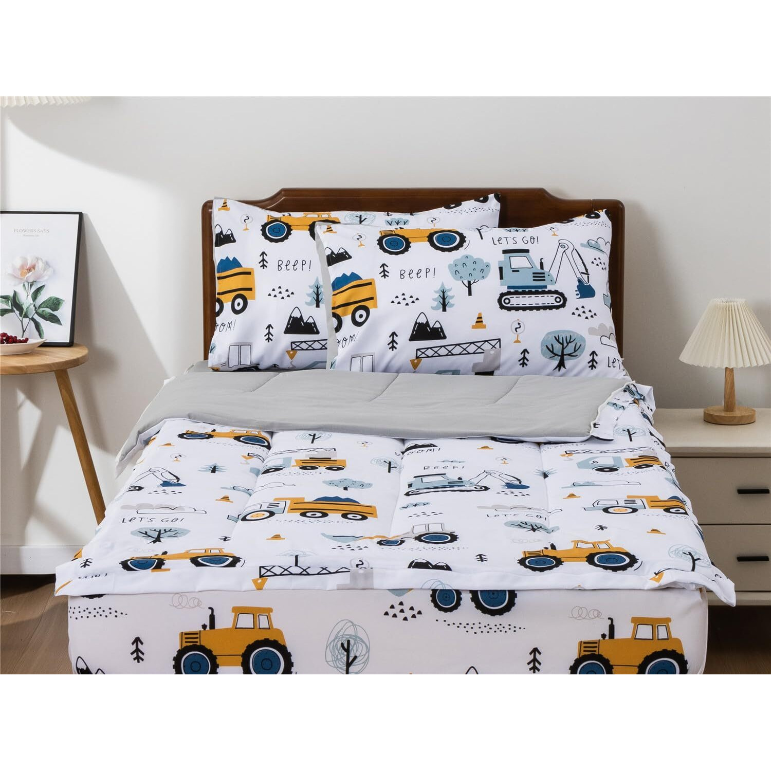 Ntbed Construction Truck Printed Zipper Bedding Sets Twin Lightweight Microfiber Forest Car Comforter Sets With Fitted Sheet Pillow Covers White Grey