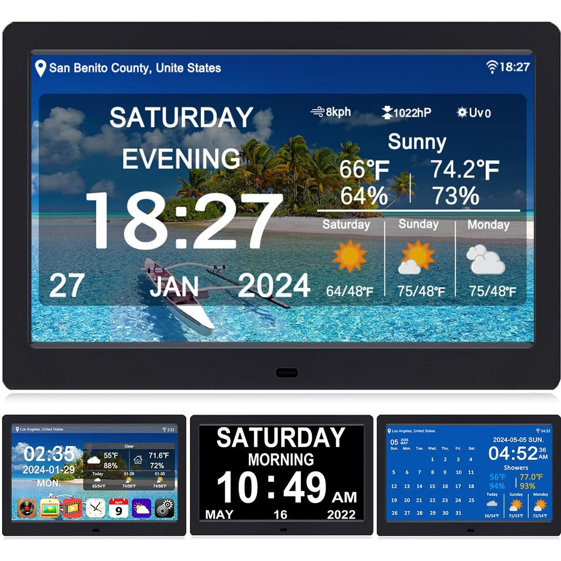 Feybyla Wifi Digtial Calendar Clock With Day And Date Alarm Clock With Weather Temperature Humidify Dementia Alzheimers Clock For Elderly Auto Dimmable 8 Alarm Options (7Inch / Black)