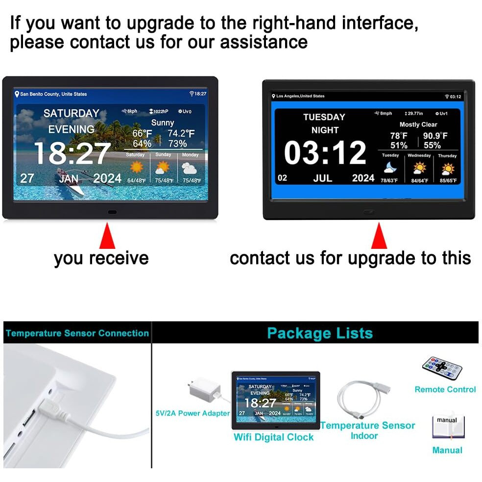Feybyla Wifi Digtial Calendar Clock With Day And Date Alarm Clock With Weather Temperature Humidify Dementia Alzheimers Clock For Elderly Auto Dimmable 8 Alarm Options (7Inch / Black)