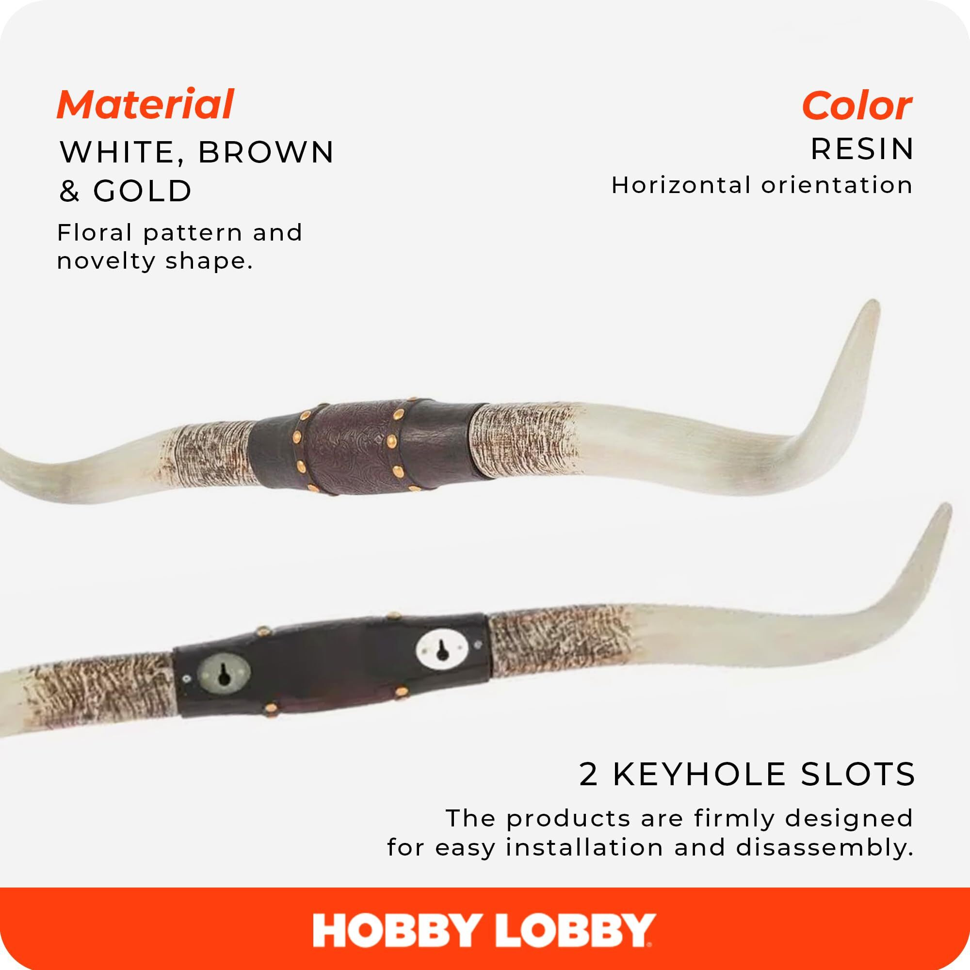 Hobby Lobby Longhorn Wall Decor  Resin  Distressed Horns  Leather Strap Design  Floral Embossing  Gold Studs  40 Inches Wide  Rustic  Country Charm