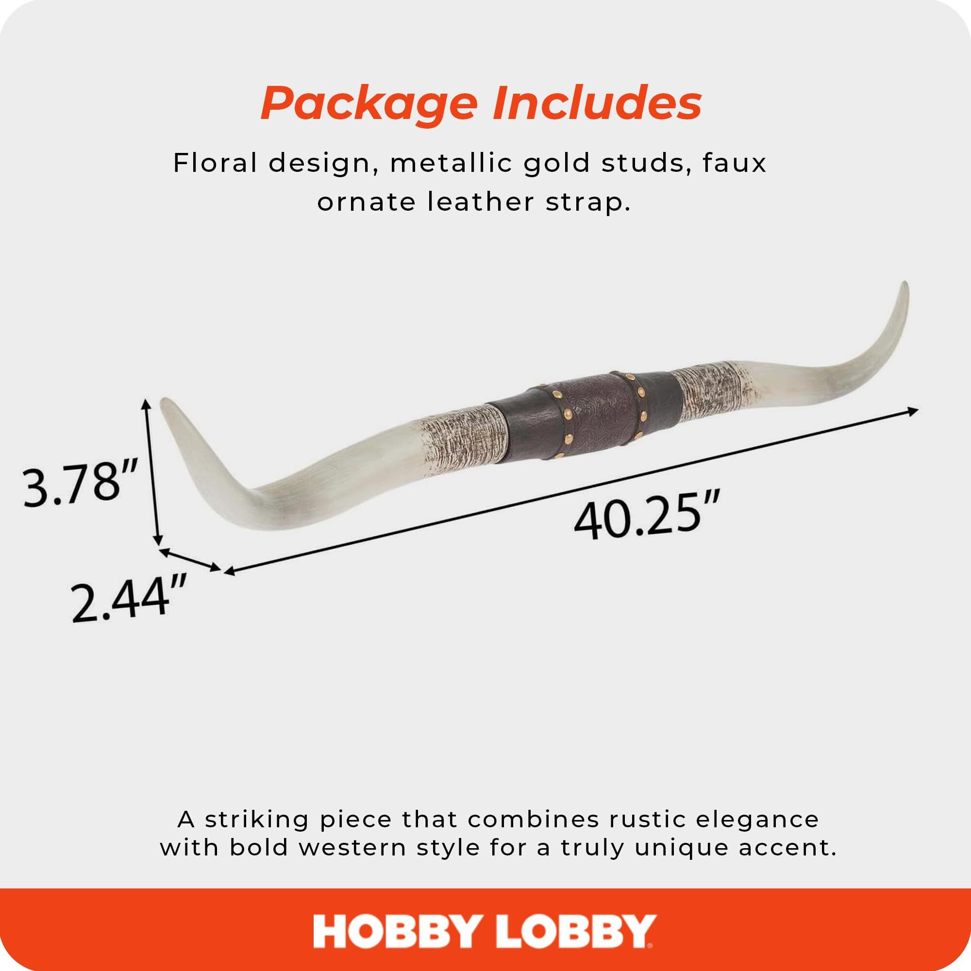 Hobby Lobby Longhorn Wall Decor  Resin  Distressed Horns  Leather Strap Design  Floral Embossing  Gold Studs  40 Inches Wide  Rustic  Country Charm