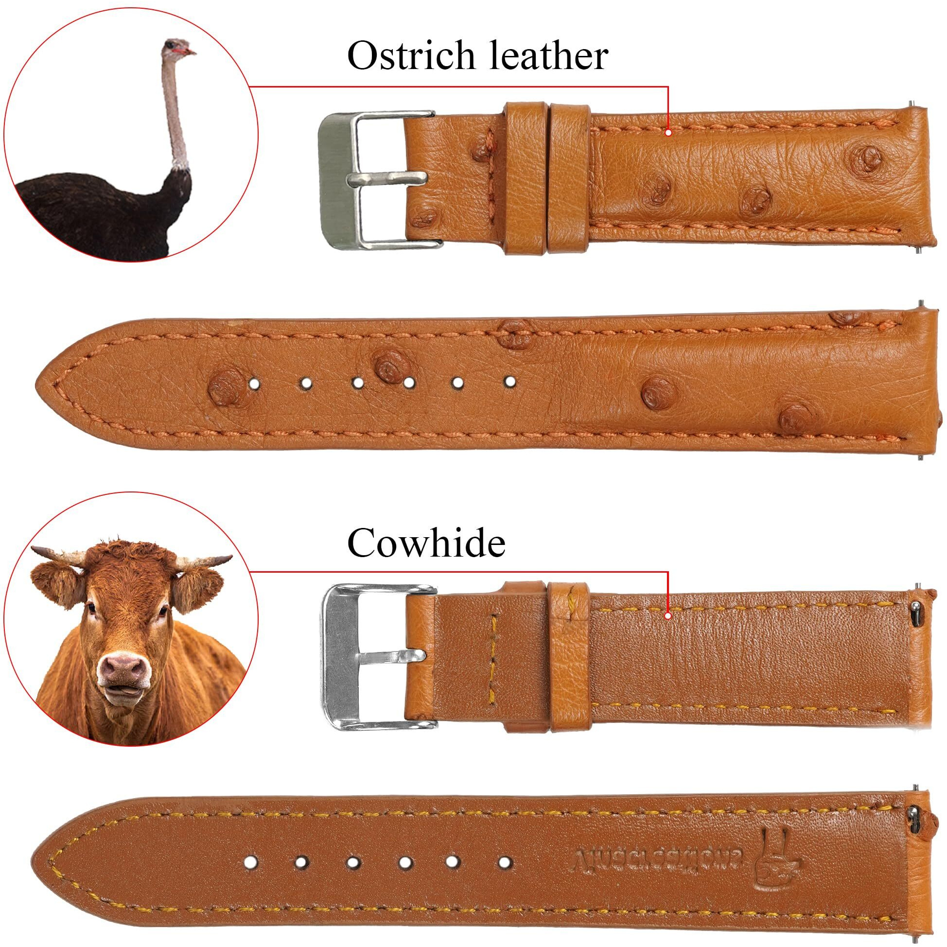 21Mm Tan Ostrich Watch Band Men Quick Release Exotic Leather Watch Strap Vintage Replacement Wristband Extra Soft Elegant Leather Strap Silver Buckle Valentine's Gift For Him Her Dh-182-21Mm