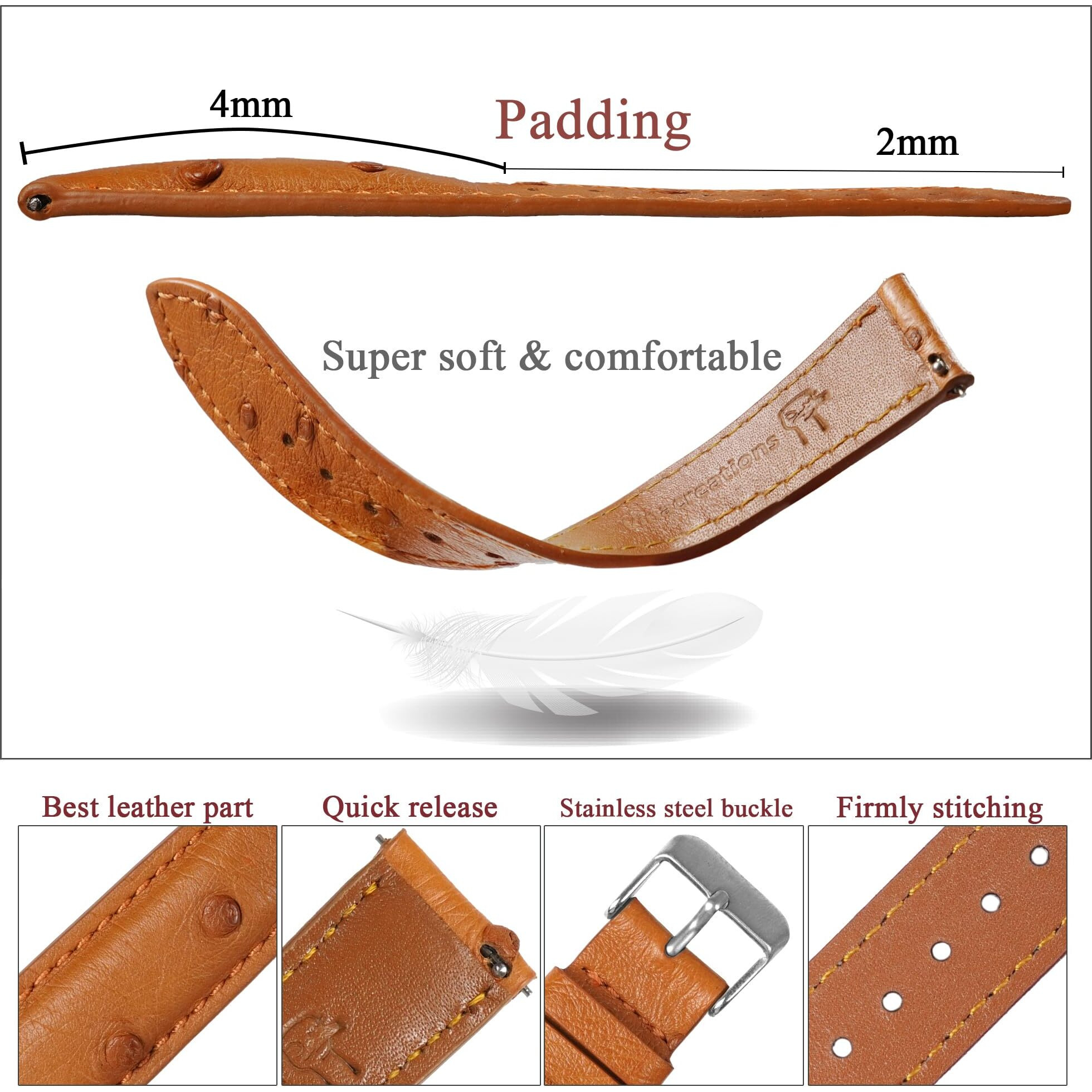 21Mm Tan Ostrich Watch Band Men Quick Release Exotic Leather Watch Strap Vintage Replacement Wristband Extra Soft Elegant Leather Strap Silver Buckle Valentine's Gift For Him Her Dh-182-21Mm