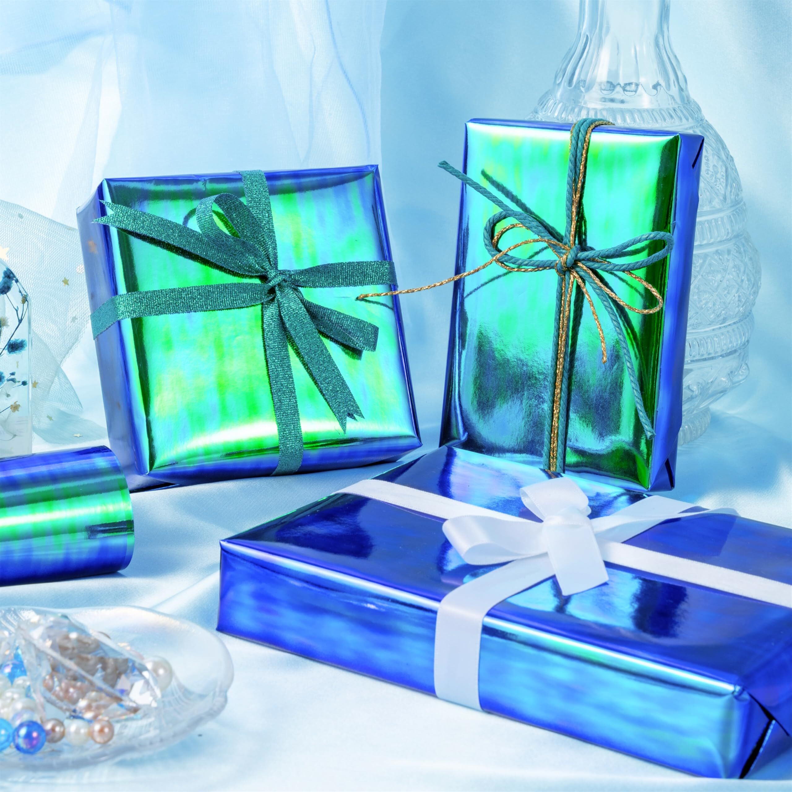 Lezakaa Holographic Wrapping Paper Roll - Bluish Green Design For Birthday  Christmas  Valentine's  Mother's Day  Holiday - 17 Inches X 32.8 Feet (47.23 Sq.Ft.)
