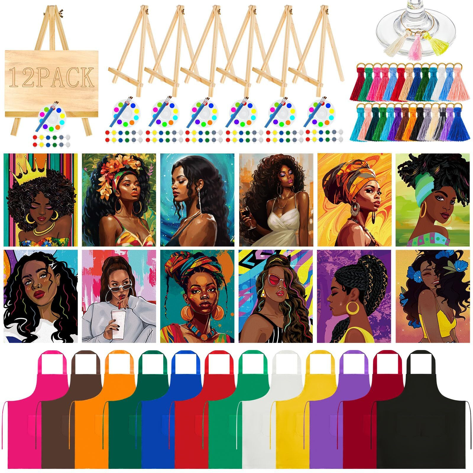 Fullhawl 12 Sets Sip And Paint Kit Date Night Valentines Pre Drawn Canvas Painting Set Pre Drawn Stretch Canvas Kit For Couples Adults Valentine's Day Party(Afro Girl)