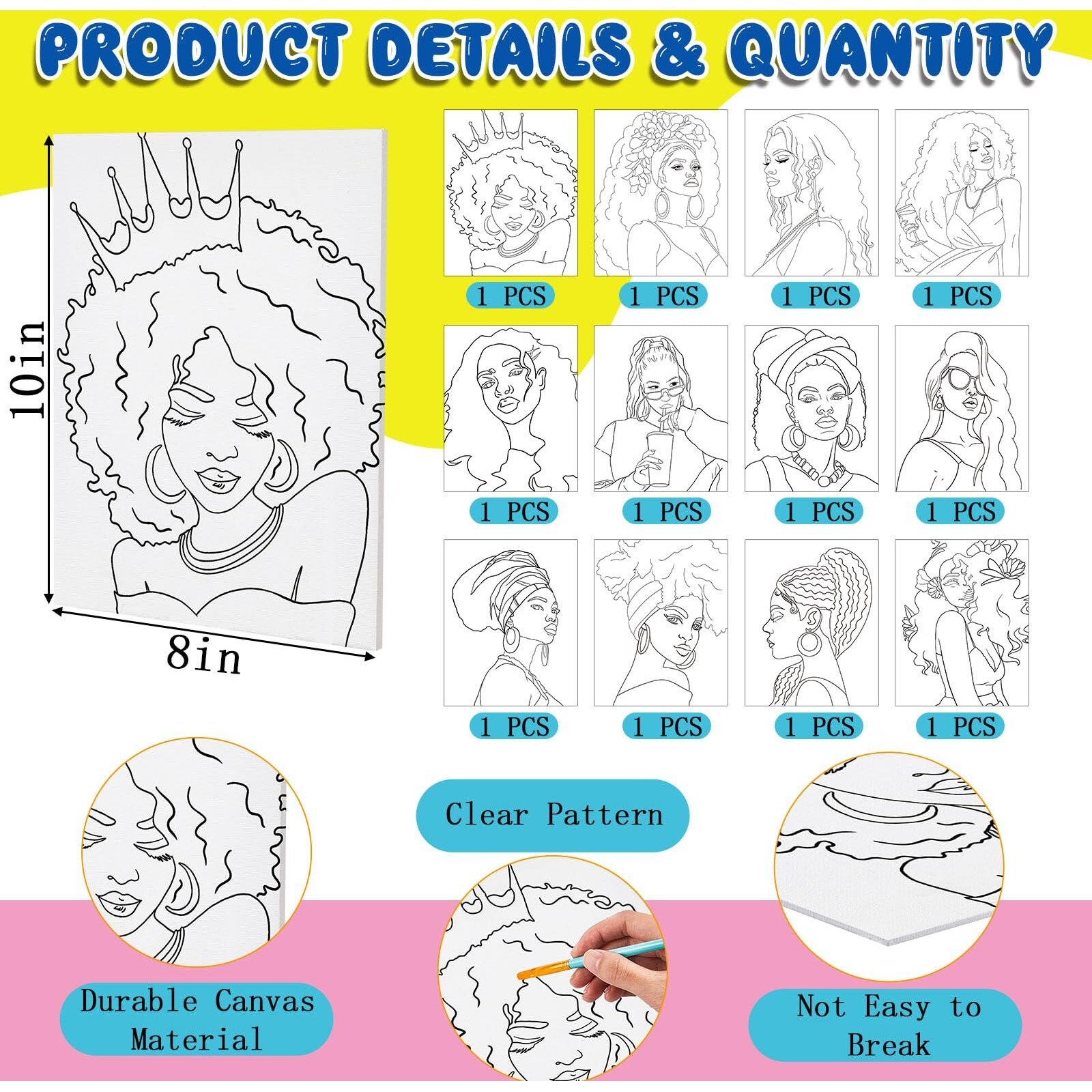 Fullhawl 12 Sets Sip And Paint Kit Date Night Valentines Pre Drawn Canvas Painting Set Pre Drawn Stretch Canvas Kit For Couples Adults Valentine's Day Party(Afro Girl)