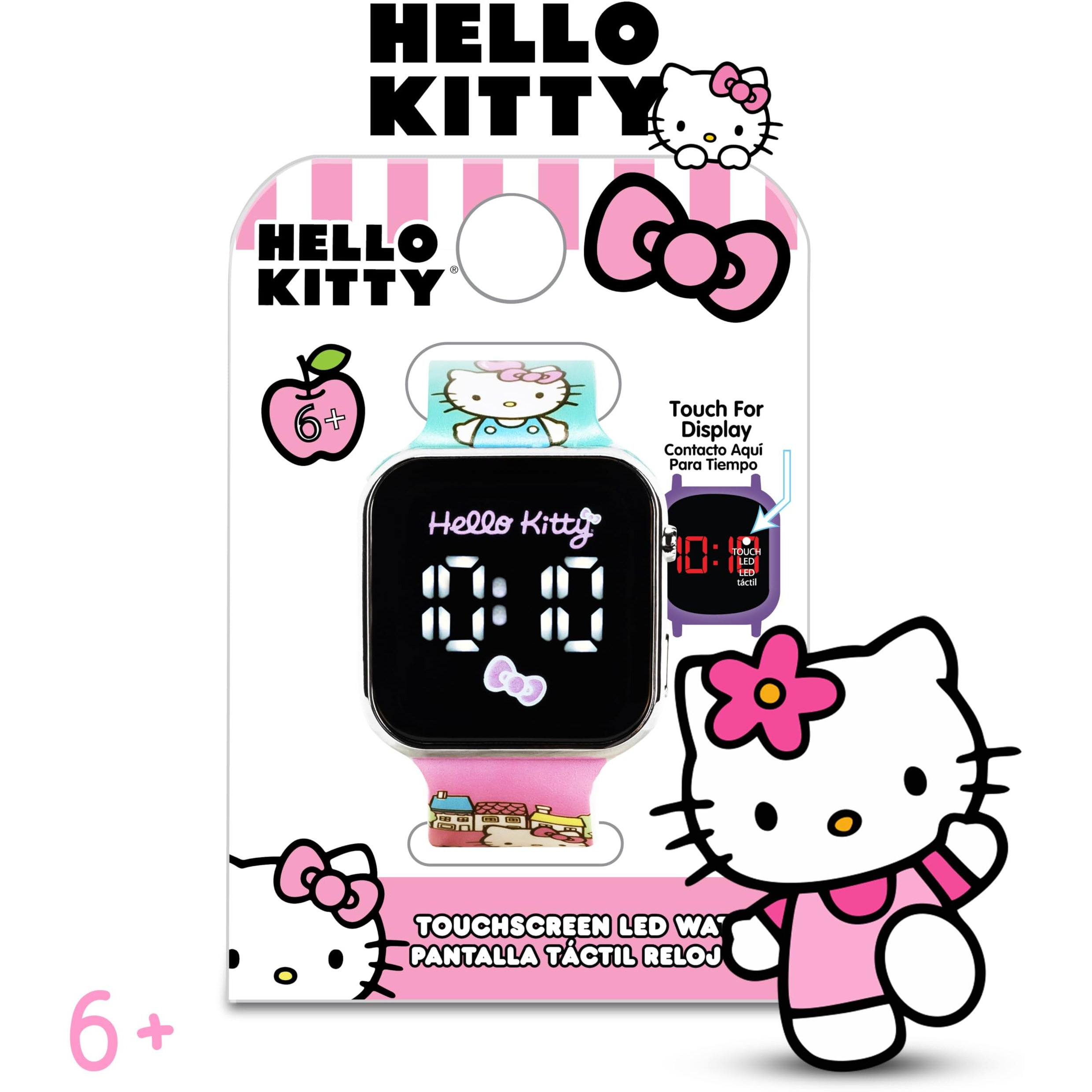 Accutime Hello Kitty Led Kids Watch - Silver Plastic Case  Colorful Printed Artwork  White Led Display  Soft Silicone Strap  Easy To Read  Ideal For Girls  Official Sanrio Merchandise