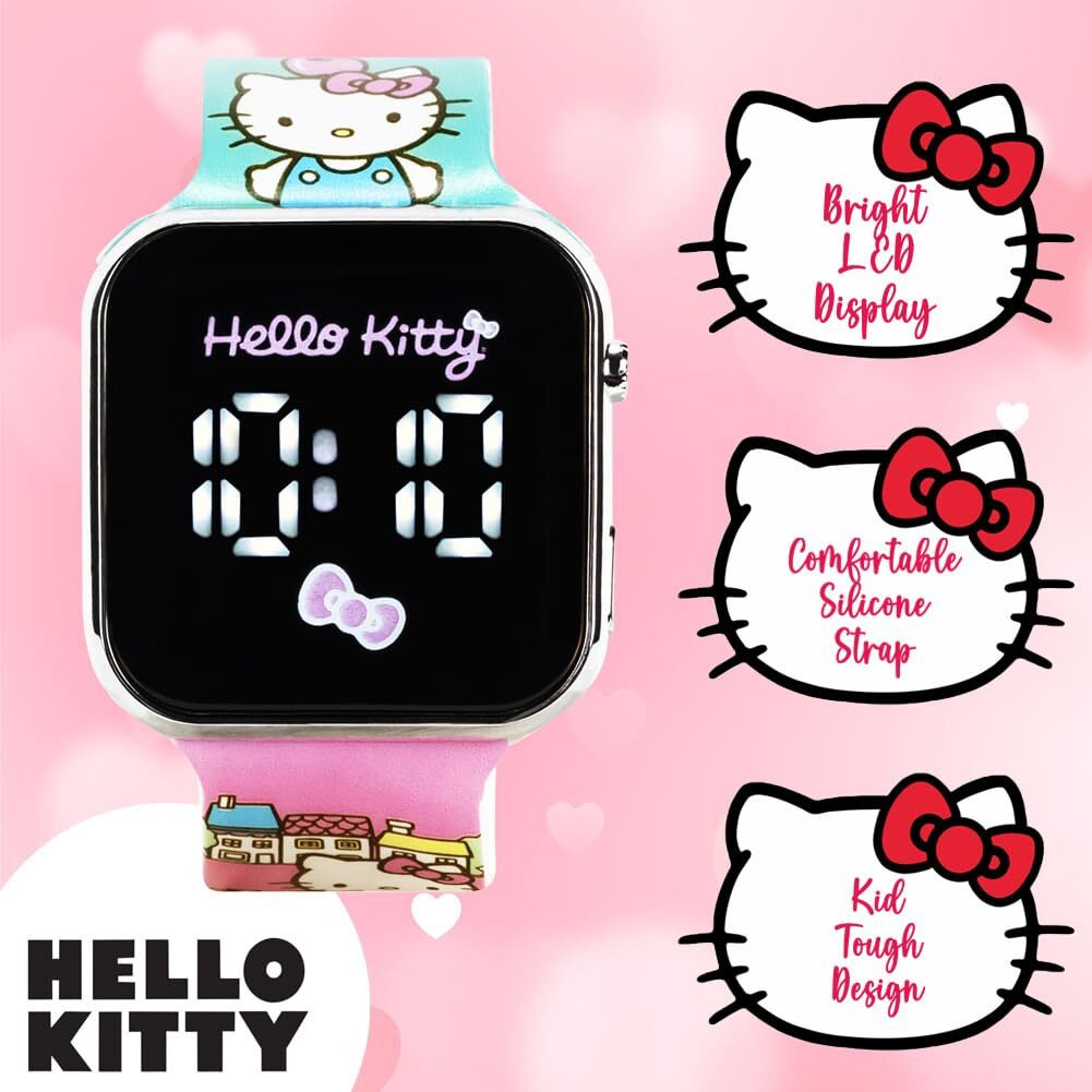 Accutime Hello Kitty Led Kids Watch - Silver Plastic Case  Colorful Printed Artwork  White Led Display  Soft Silicone Strap  Easy To Read  Ideal For Girls  Official Sanrio Merchandise