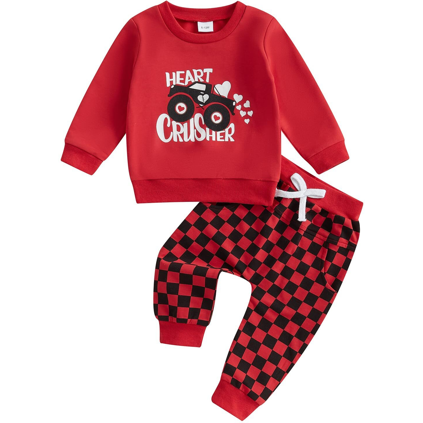 Beqeuewll Baby Boy Valentines Day Outfit Heart Lover Crusher Truck Valentine Sweatshirt Pants Set Toddler Boys Spring Outfits (Red  12-18 Months)