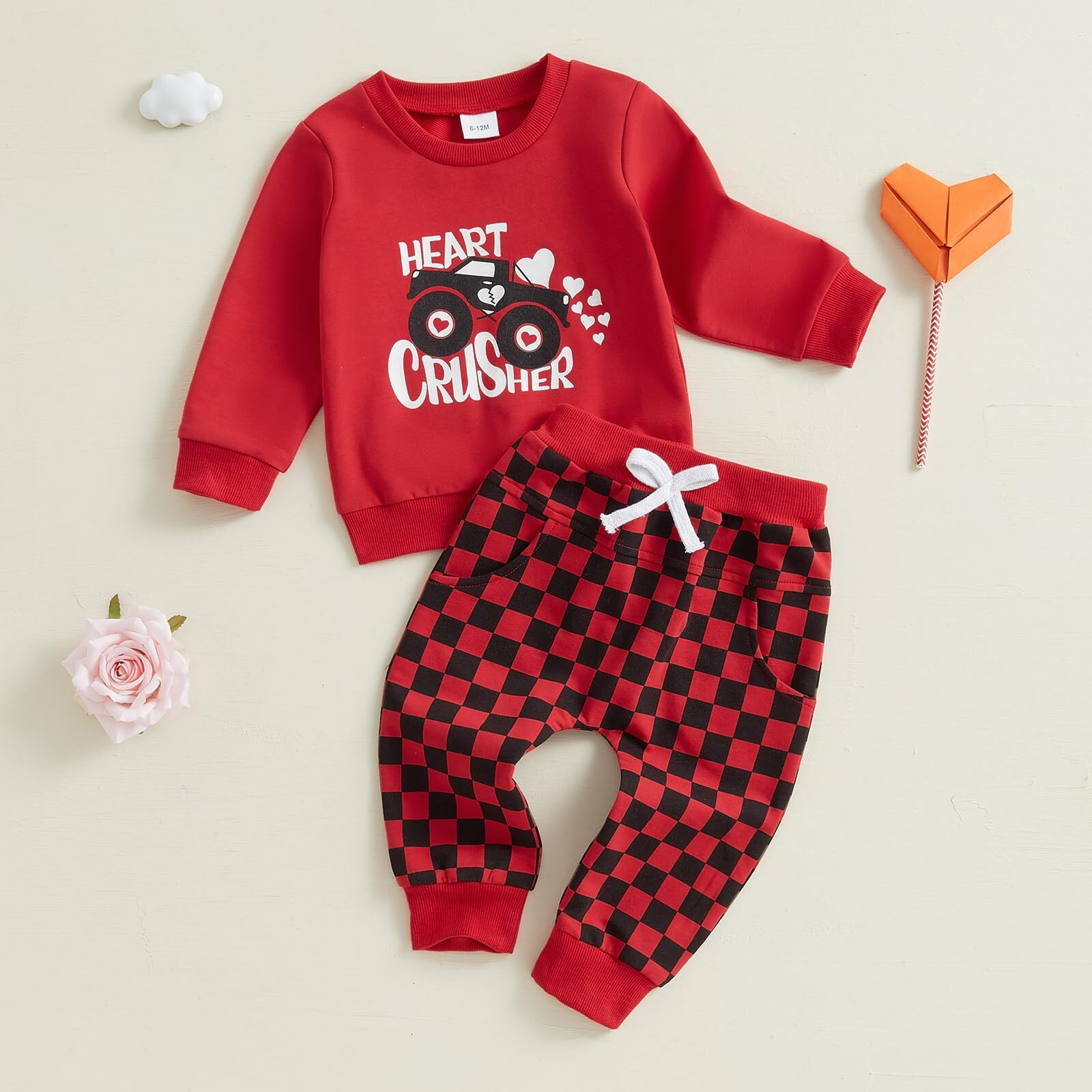 Beqeuewll Baby Boy Valentines Day Outfit Heart Lover Crusher Truck Valentine Sweatshirt Pants Set Toddler Boys Spring Outfits (Red  12-18 Months)