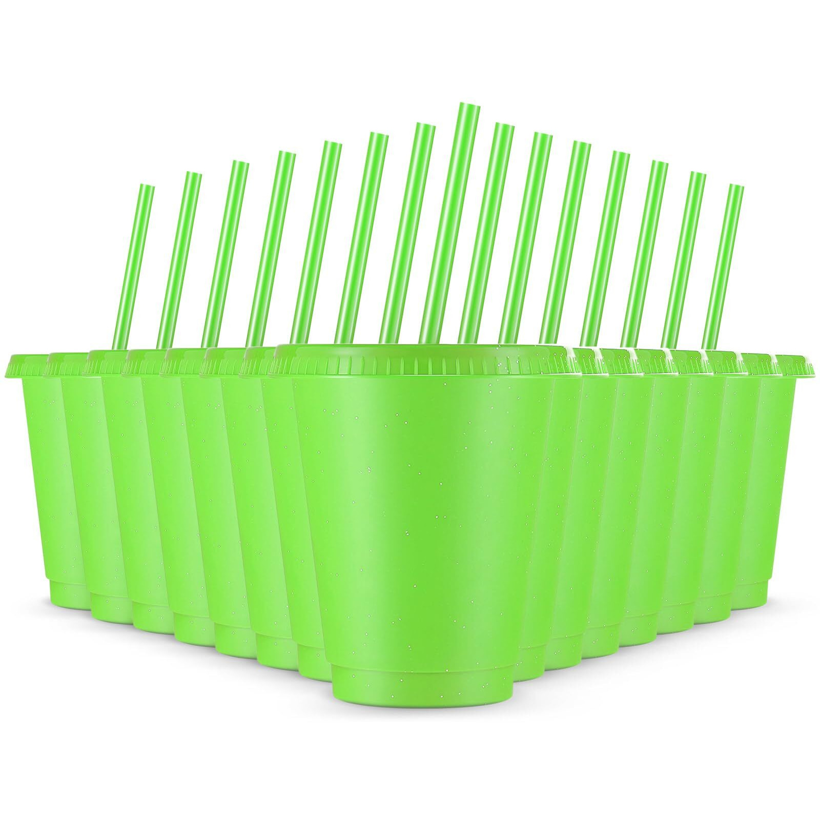 Rtteri 15 Pcs Valentine's Day Reusable Kids Cups With Straws And Lids 16 Oz Glitter Kids Tumblers Plastic Party Favor Cups With Lids Travel Mug Tumbler For Iced Beverage Water Parties(Green)