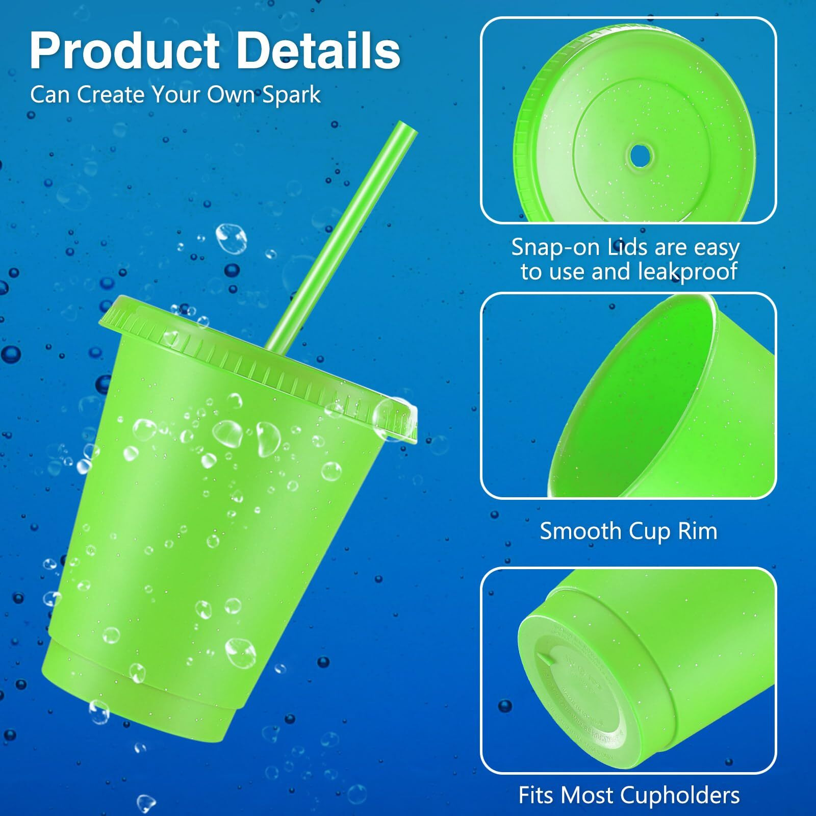 Rtteri 15 Pcs Valentine's Day Reusable Kids Cups With Straws And Lids 16 Oz Glitter Kids Tumblers Plastic Party Favor Cups With Lids Travel Mug Tumbler For Iced Beverage Water Parties(Green)