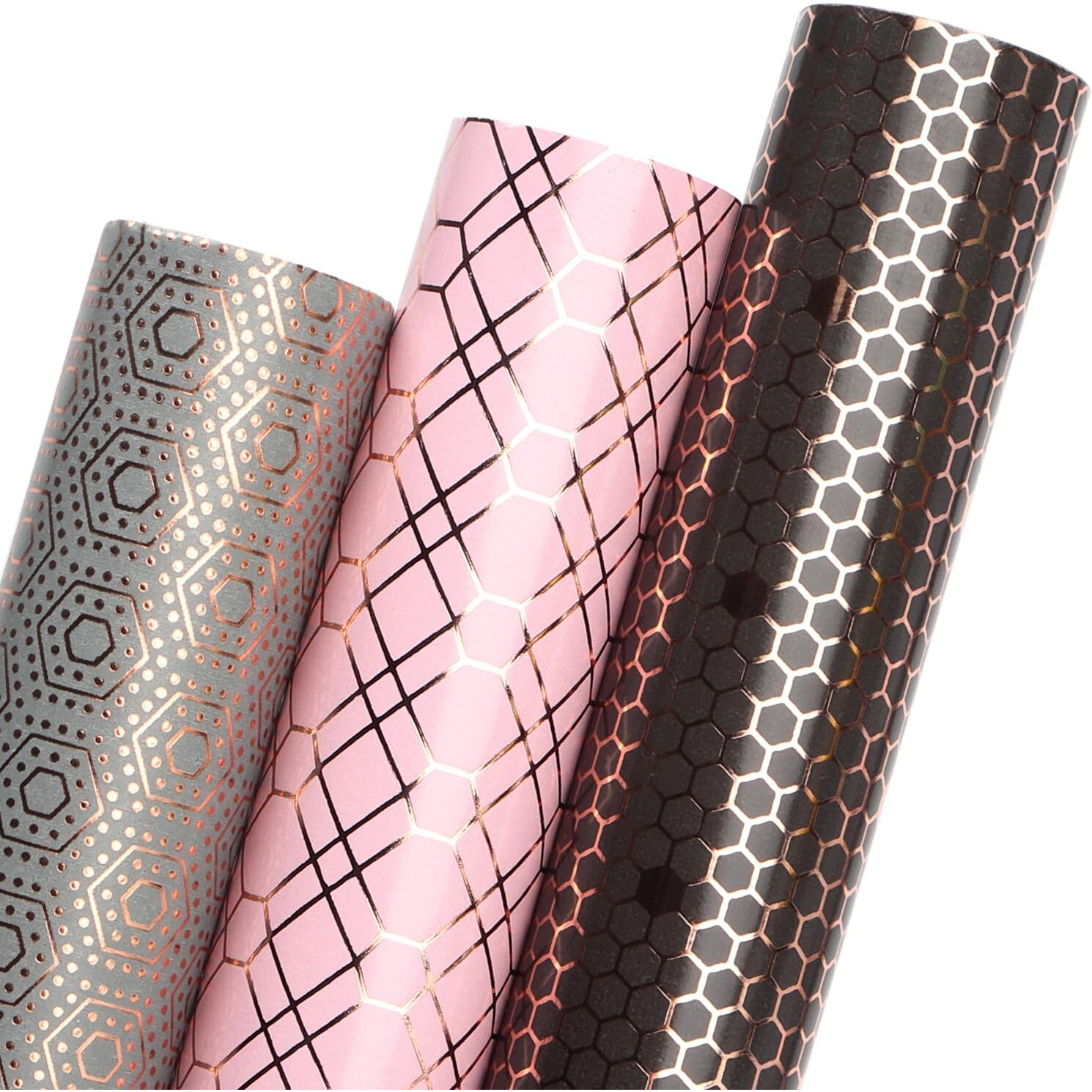 Ribbli Rose Gold Pink Birthday Wrapping Paper Mini Roll  3 Rolls Grey Pink Black Geometry Pattern With Rose Gold Foil For Valentines Day Mothers Day Wedding - 17 Inch X 120 Inch(10Feet) Per Roll