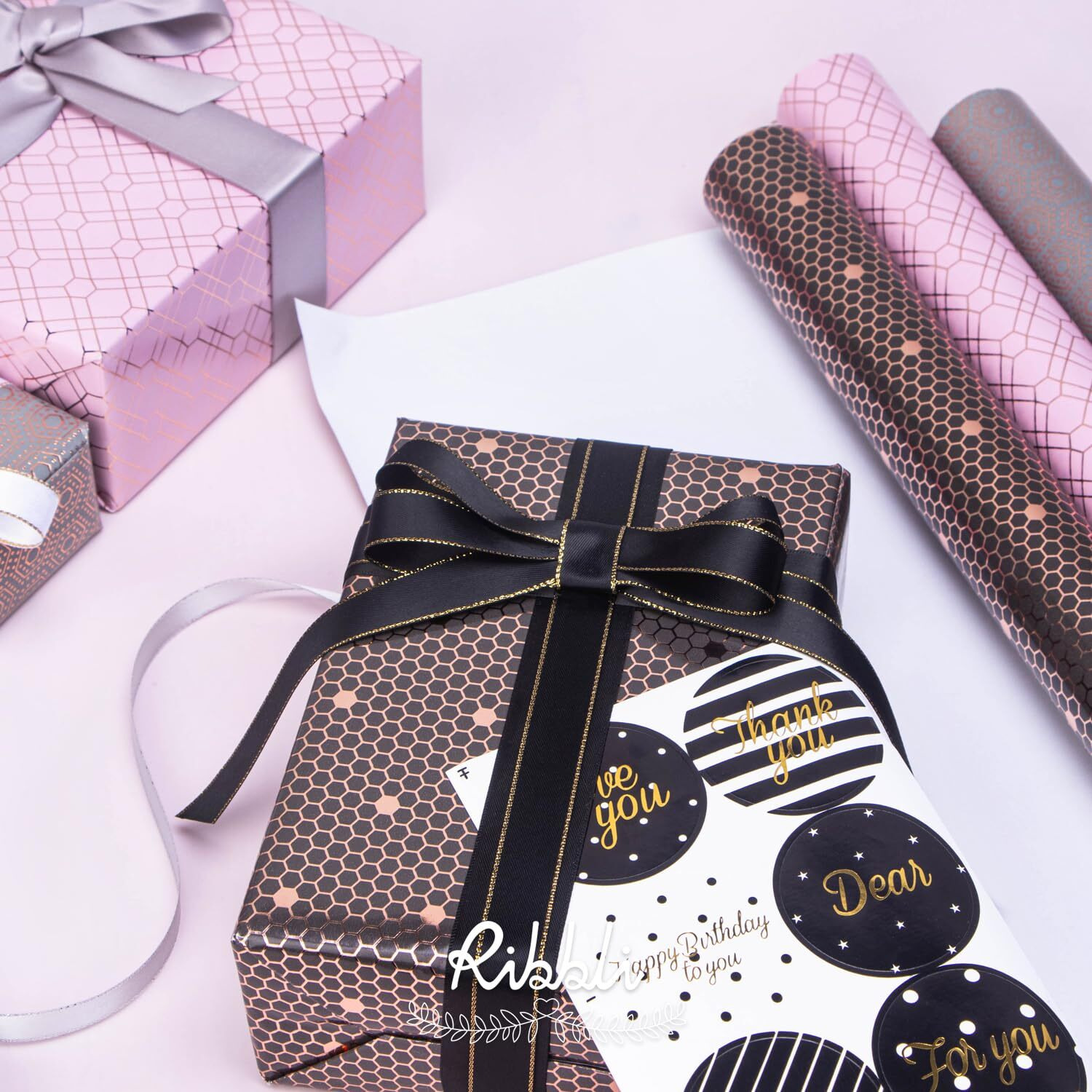 Ribbli Rose Gold Pink Birthday Wrapping Paper Mini Roll  3 Rolls Grey Pink Black Geometry Pattern With Rose Gold Foil For Valentines Day Mothers Day Wedding - 17 Inch X 120 Inch(10Feet) Per Roll
