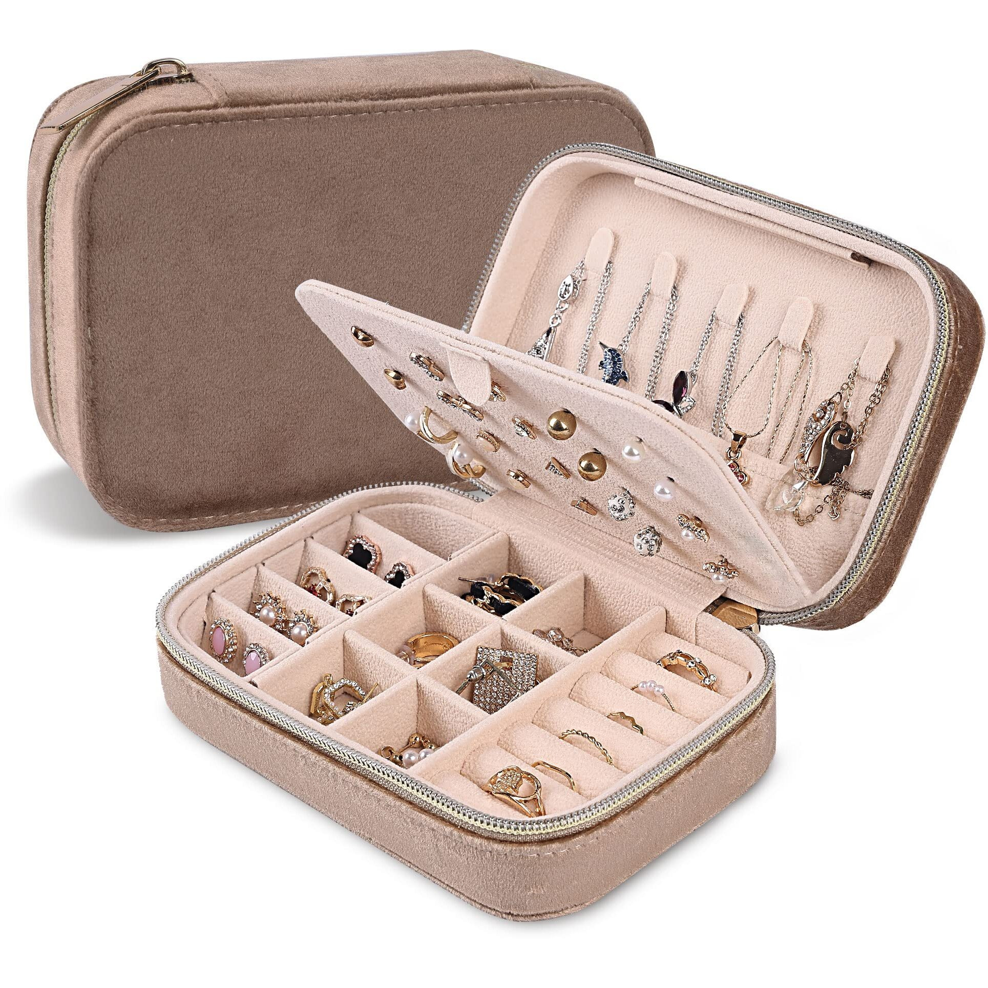 Dajasan Velvet Travel Jewelry Case  Mini Portable Travel Jewelry Organizer Boxes  Jewelry Gift Box For Birthday Mother's Day Valentine's Day Christmas (Khaki)