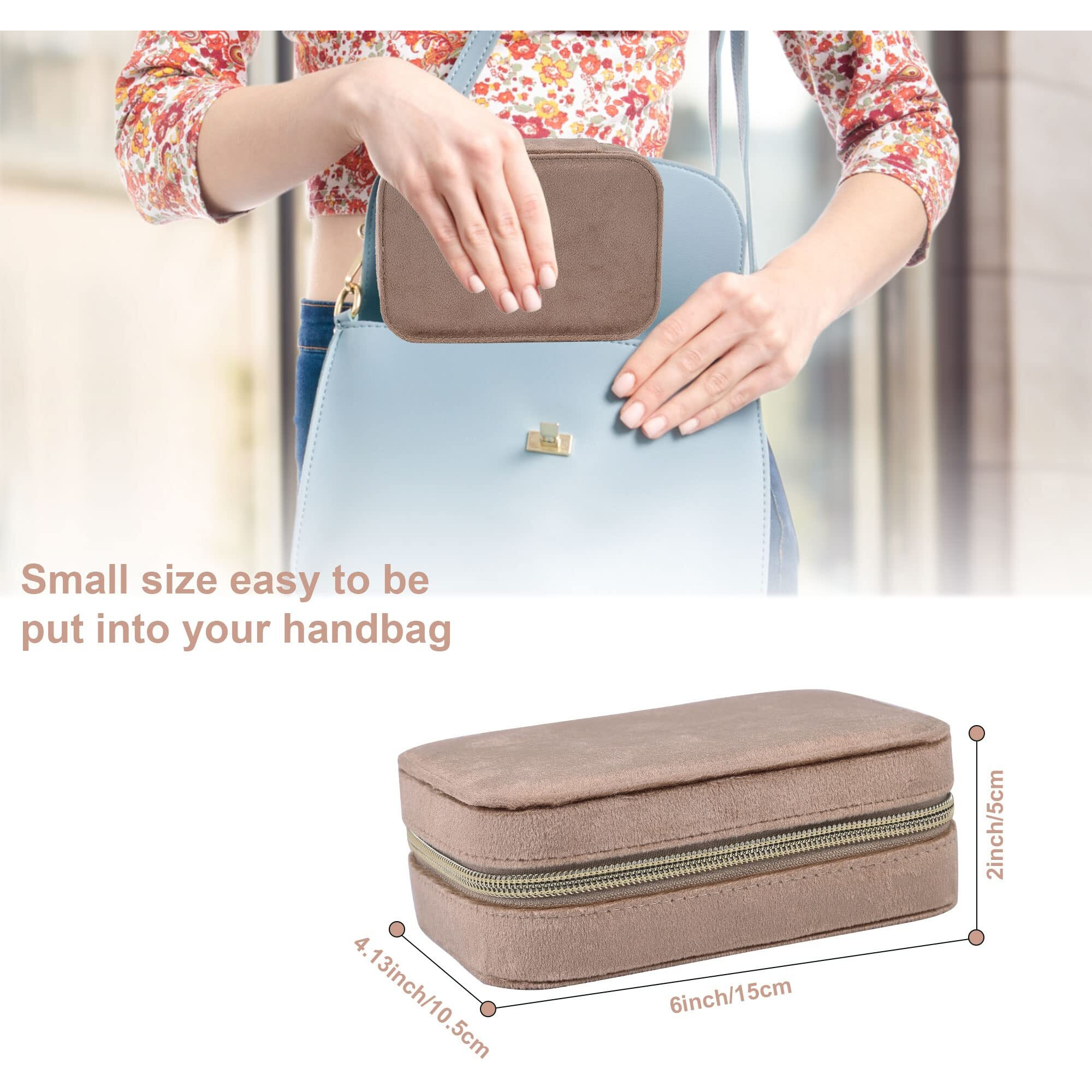Dajasan Velvet Travel Jewelry Case  Mini Portable Travel Jewelry Organizer Boxes  Jewelry Gift Box For Birthday Mother's Day Valentine's Day Christmas (Khaki)