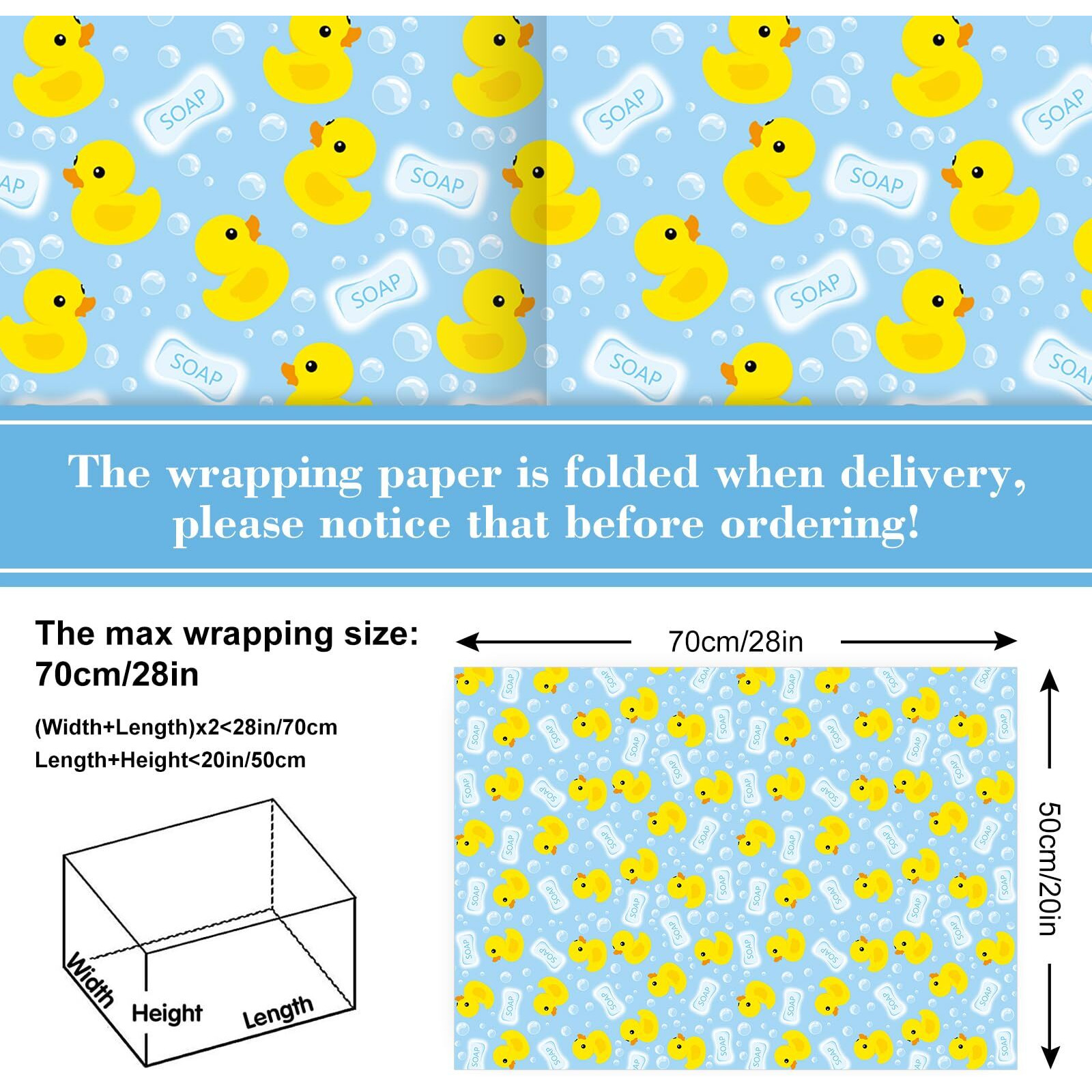 Jarthenaamcs 12 Sheet Rubber Duck Wrapping Paper -Not Roll- Yellow Blue Bubble Duck Gift Wrap Paper Folded Flat Craft Paper For Valentine's Day Birthday Gift Diy Crafts Party Supplies  19.7 X 27.6 In
