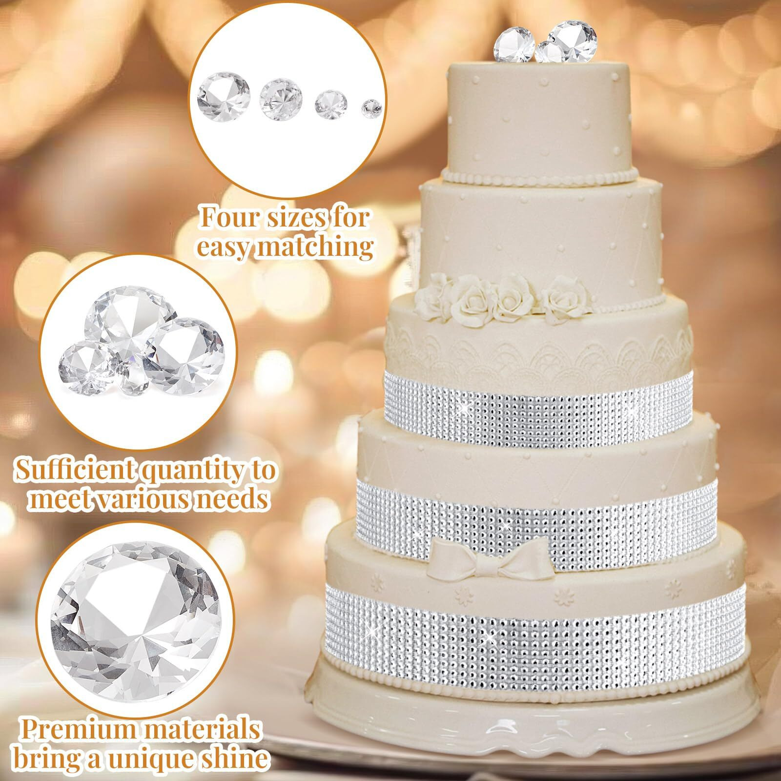 Teenyyou 21 Pcs Valentine's Day Diamond Cake Decoration Set Denim And Diamonds Party Decorations 20 Pcs Fake Diamonds 2.2 Yd X 1.6"" Rhinestone Ribbon For Wedding Birthday Party Cake Decor Diy Craft