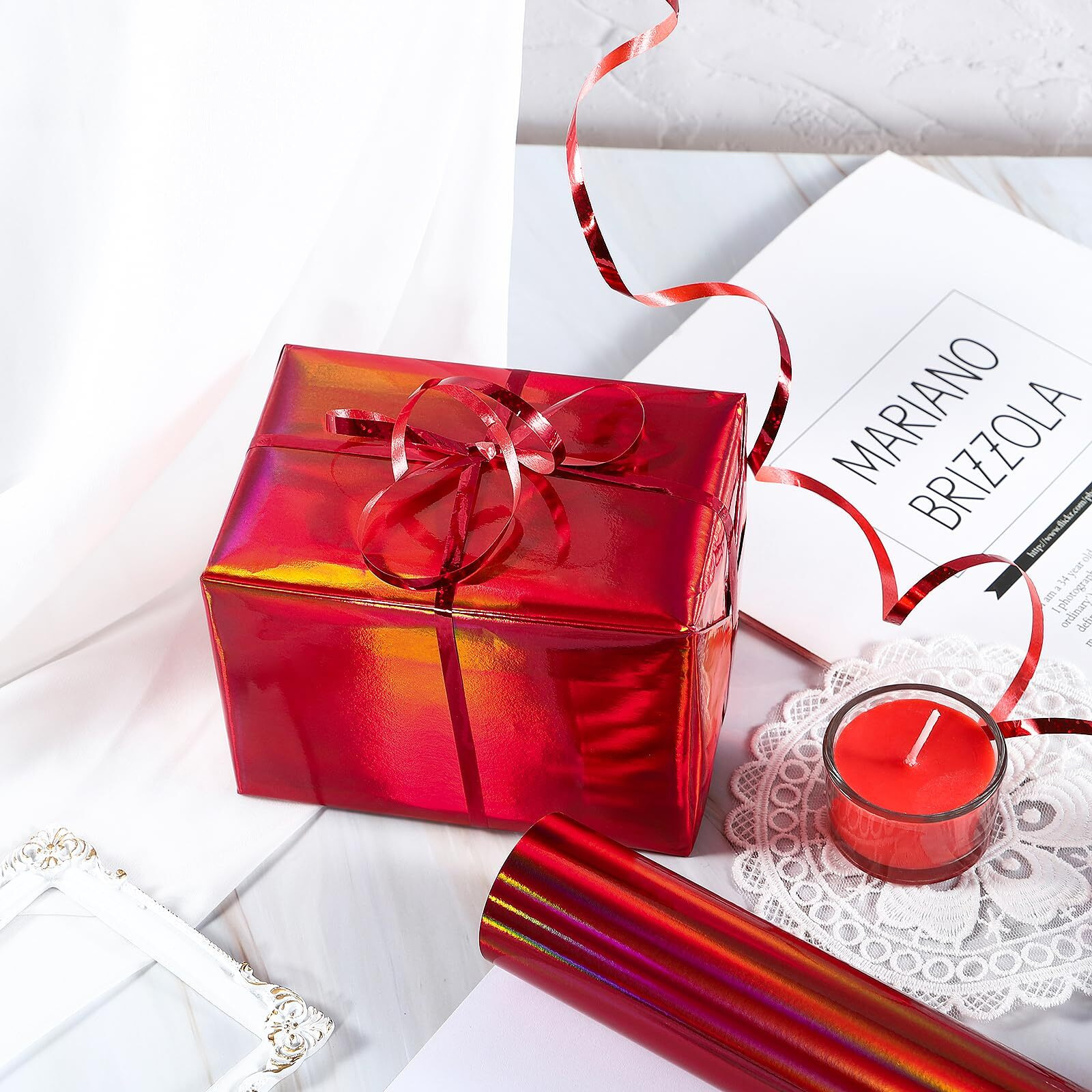 Lezakaa Red Valentine's Wrapping Paper Roll  Holographic Iridescent Wrapping Paper For Birthday  Chritsmas  Wedding  Mini Roll  17 Inches X 32.8 Feet (47.23 Sq.Ft.)