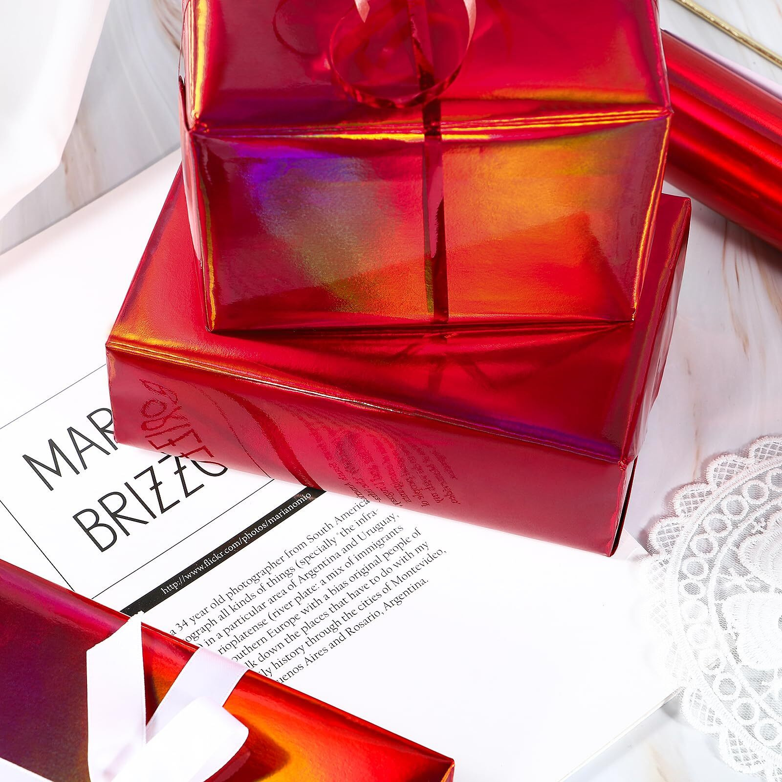 Lezakaa Red Valentine's Wrapping Paper Roll  Holographic Iridescent Wrapping Paper For Birthday  Chritsmas  Wedding  Mini Roll  17 Inches X 32.8 Feet (47.23 Sq.Ft.)