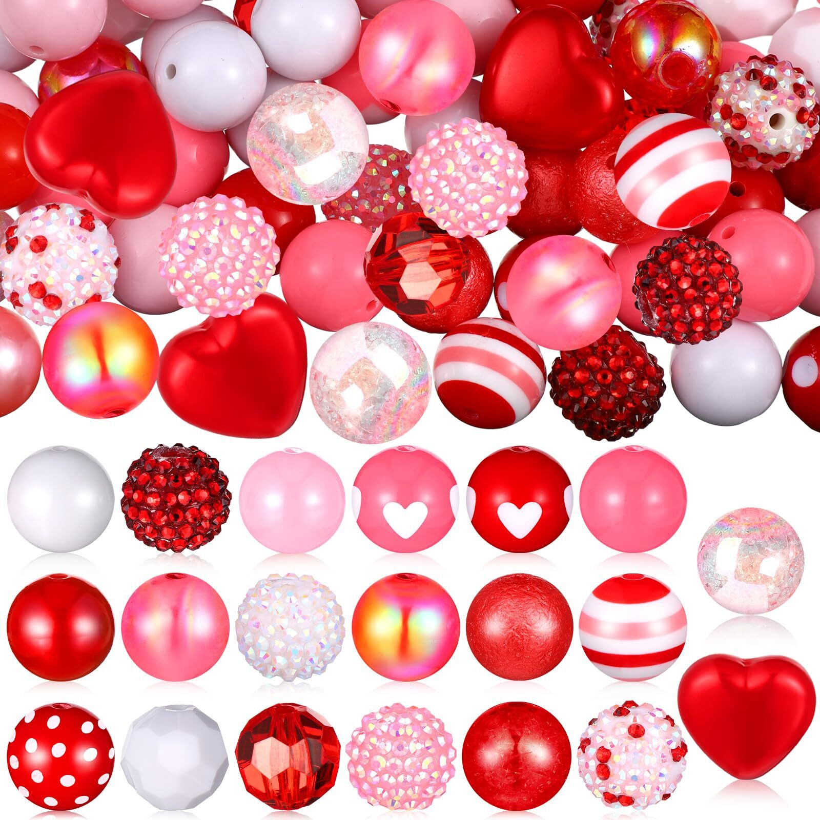 100 Pcs 20 Mm Valentine's Day Beads Mixed Red Heart Bubblegum Beads Set Red Pink White Spacer Chunky Plastic Rhinestone For Crafts And Jewelry Making Craft Supplies
