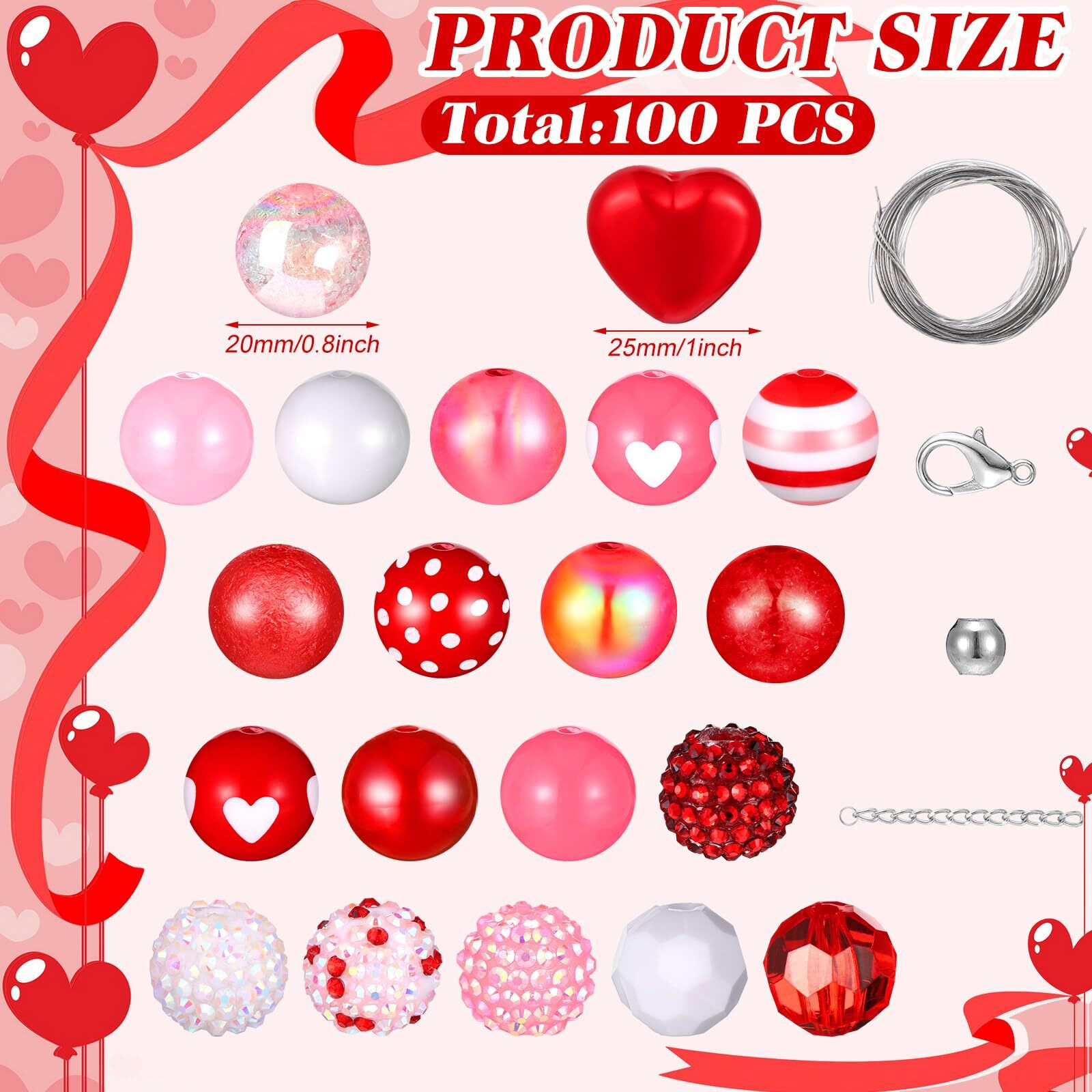 100 Pcs 20 Mm Valentine's Day Beads Mixed Red Heart Bubblegum Beads Set Red Pink White Spacer Chunky Plastic Rhinestone For Crafts And Jewelry Making Craft Supplies