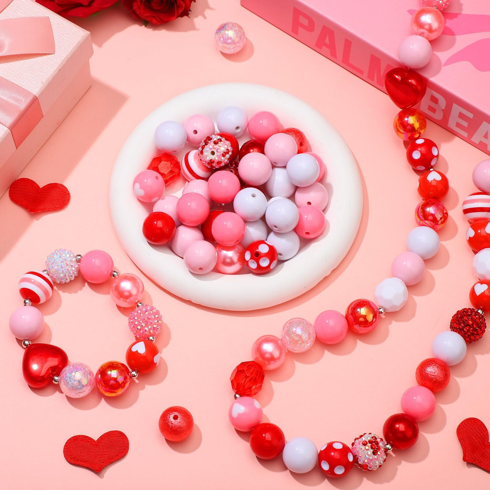 100 Pcs 20 Mm Valentine's Day Beads Mixed Red Heart Bubblegum Beads Set Red Pink White Spacer Chunky Plastic Rhinestone For Crafts And Jewelry Making Craft Supplies