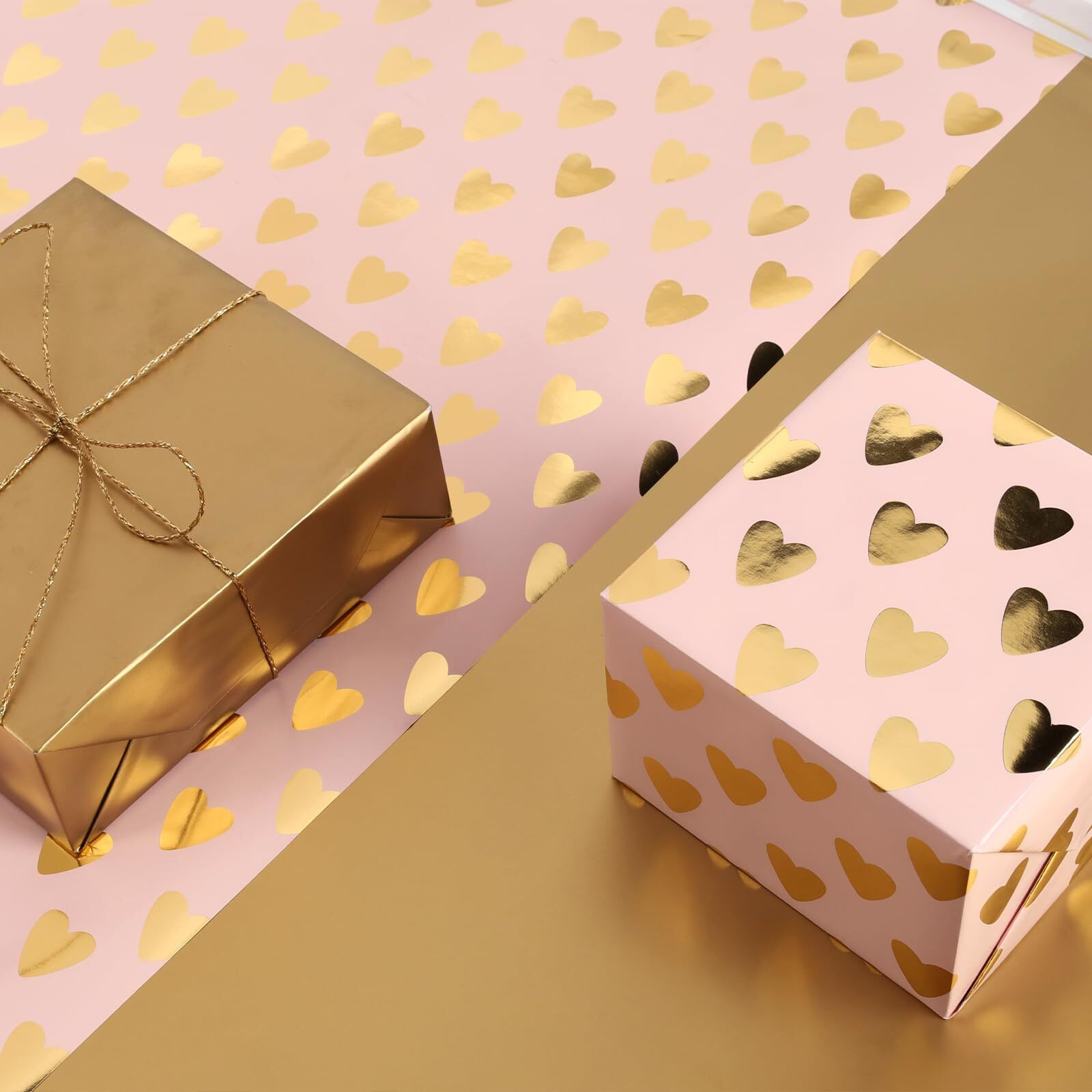 Laribbons Reversible Valentine's Day Wrapping Paper Roll  17 Inch  33 Feet  Gift Wrapping Paper With Gold Heart On Pink Design  Perfect For Wedding  Birthday  Bridal Shower  Anniversaries