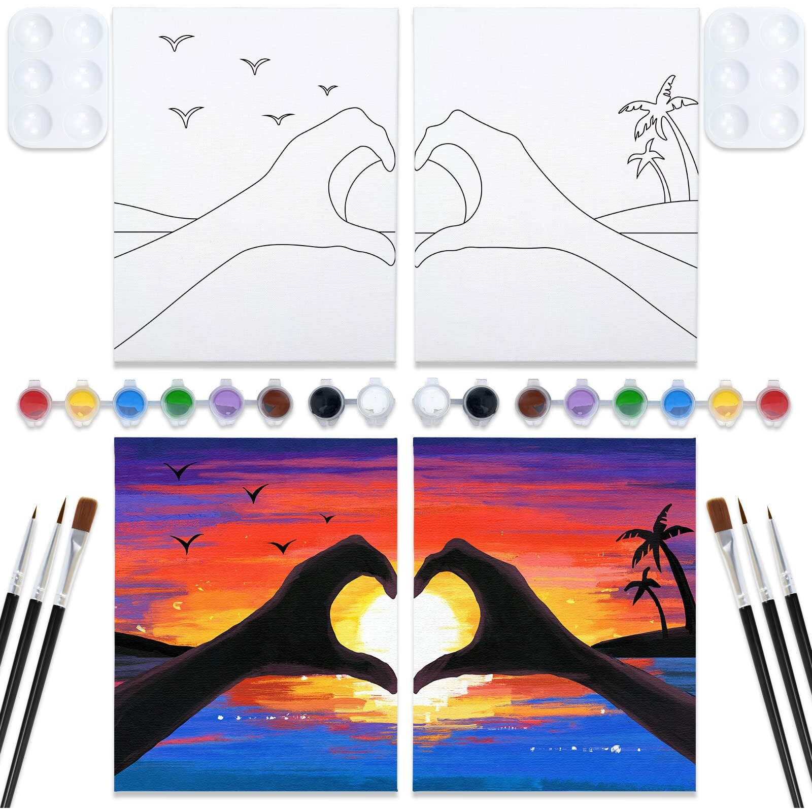 Vochic Sip And Paint Kit  Pre Drawn Canvas Couples Paint Party Kit  Painting Art Set With Outline Canvas For Adults Date Night Games Couples Sunset Heart  Valentine's Day  2 Pack (8 X 10 Inches)