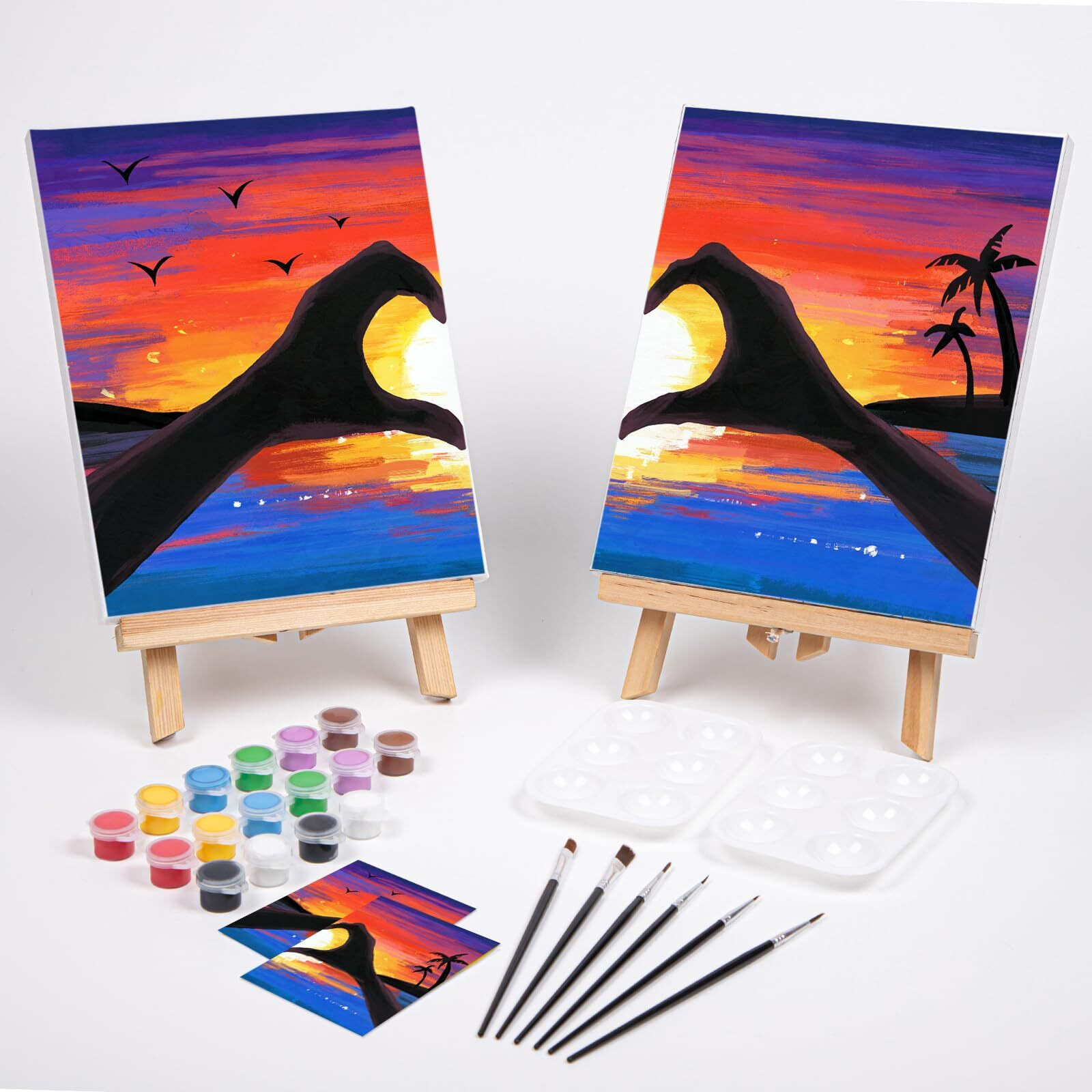 Vochic Sip And Paint Kit  Pre Drawn Canvas Couples Paint Party Kit  Painting Art Set With Outline Canvas For Adults Date Night Games Couples Sunset Heart  Valentine's Day  2 Pack (8 X 10 Inches)