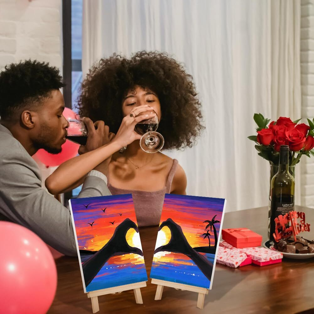 Vochic Sip And Paint Kit  Pre Drawn Canvas Couples Paint Party Kit  Painting Art Set With Outline Canvas For Adults Date Night Games Couples Sunset Heart  Valentine's Day  2 Pack (8 X 10 Inches)