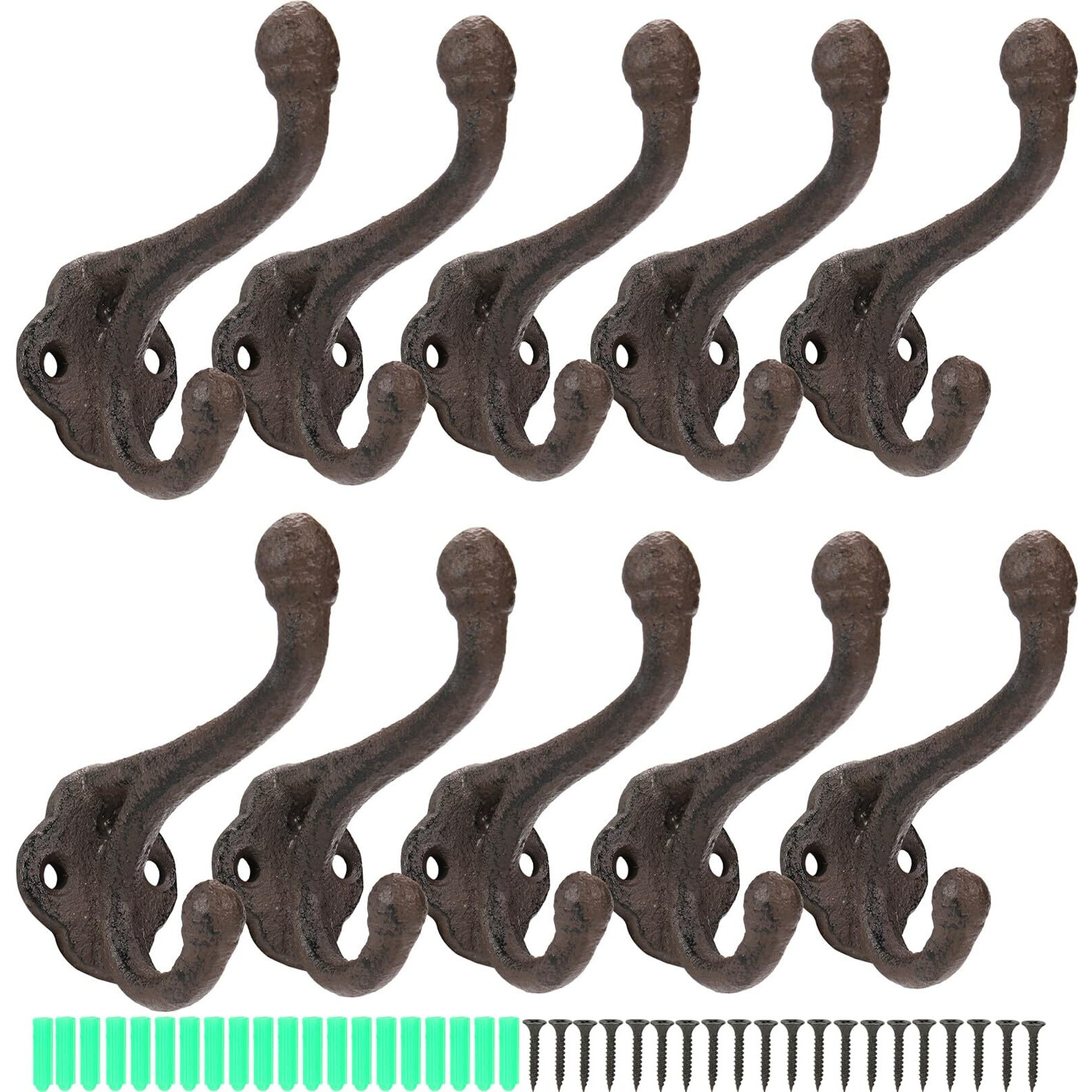 Peohud 10 Pack Cast Iron Coat Hooks  Rustic Wall Hooks  Wall Mounted Farmhouse Coat Hangers  Heavy Duty Double Hooks For Hanging Coats  Bags  Caps  Hats  Towels  Keys