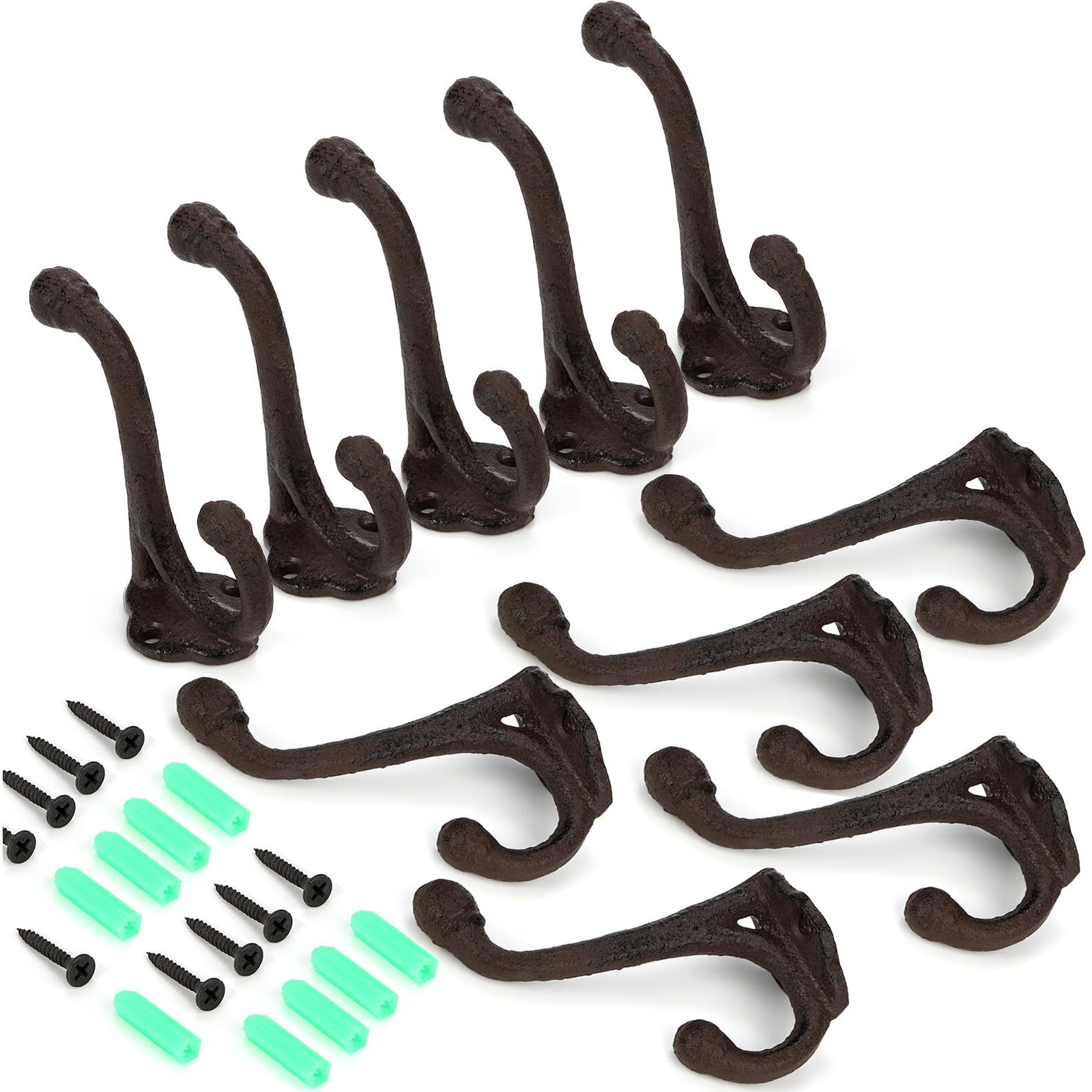 Peohud 10 Pack Cast Iron Coat Hooks  Rustic Wall Hooks  Wall Mounted Farmhouse Coat Hangers  Heavy Duty Double Hooks For Hanging Coats  Bags  Caps  Hats  Towels  Keys