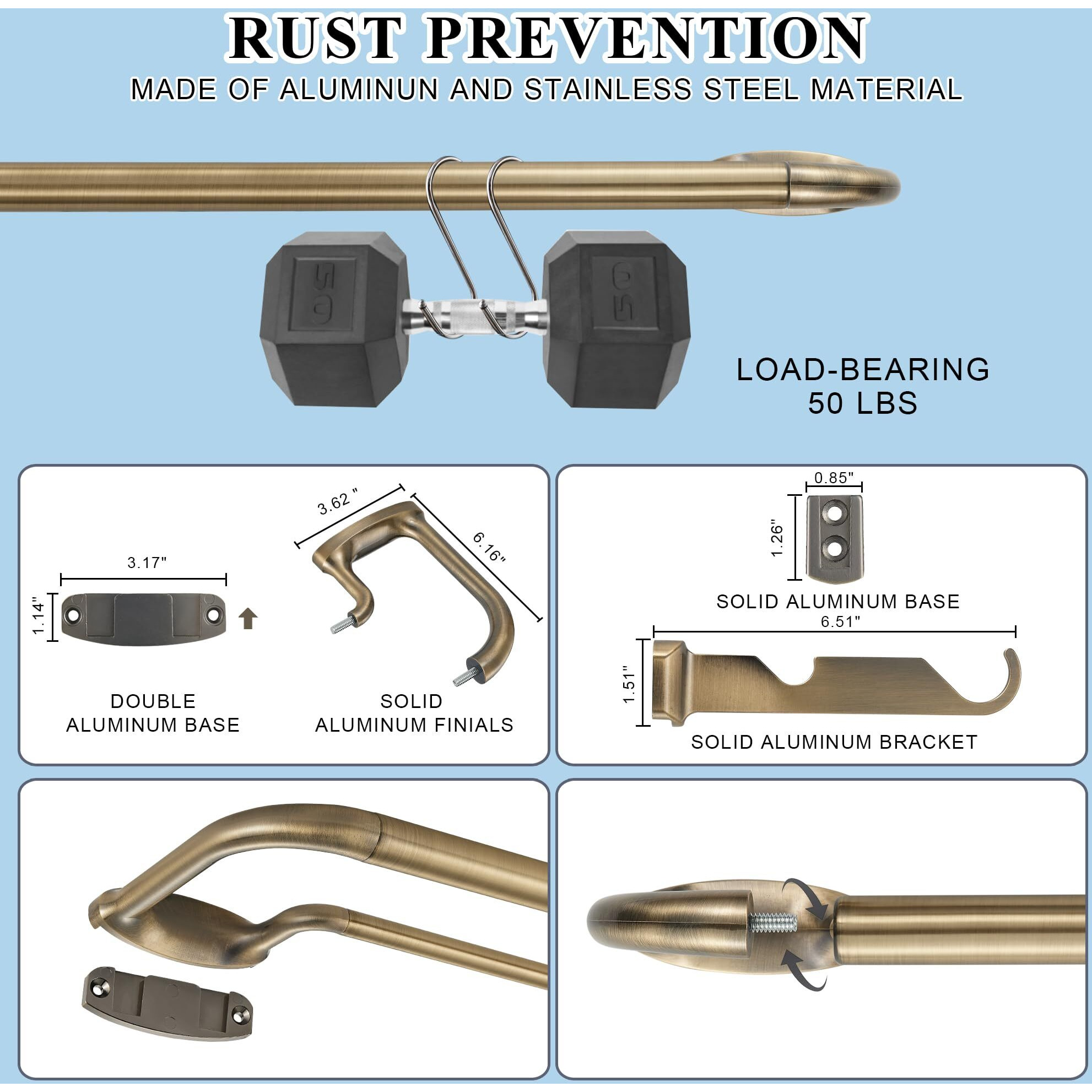 Mayrhyme Double Curtain Rods  Wrap Around Curtain Rod For Windows  Internal Splicing 1'' Front And 5/8'' Back Adjustable Curtain Rod With Aluminum Finials And Brackets (Antique Bronze  28-86"")