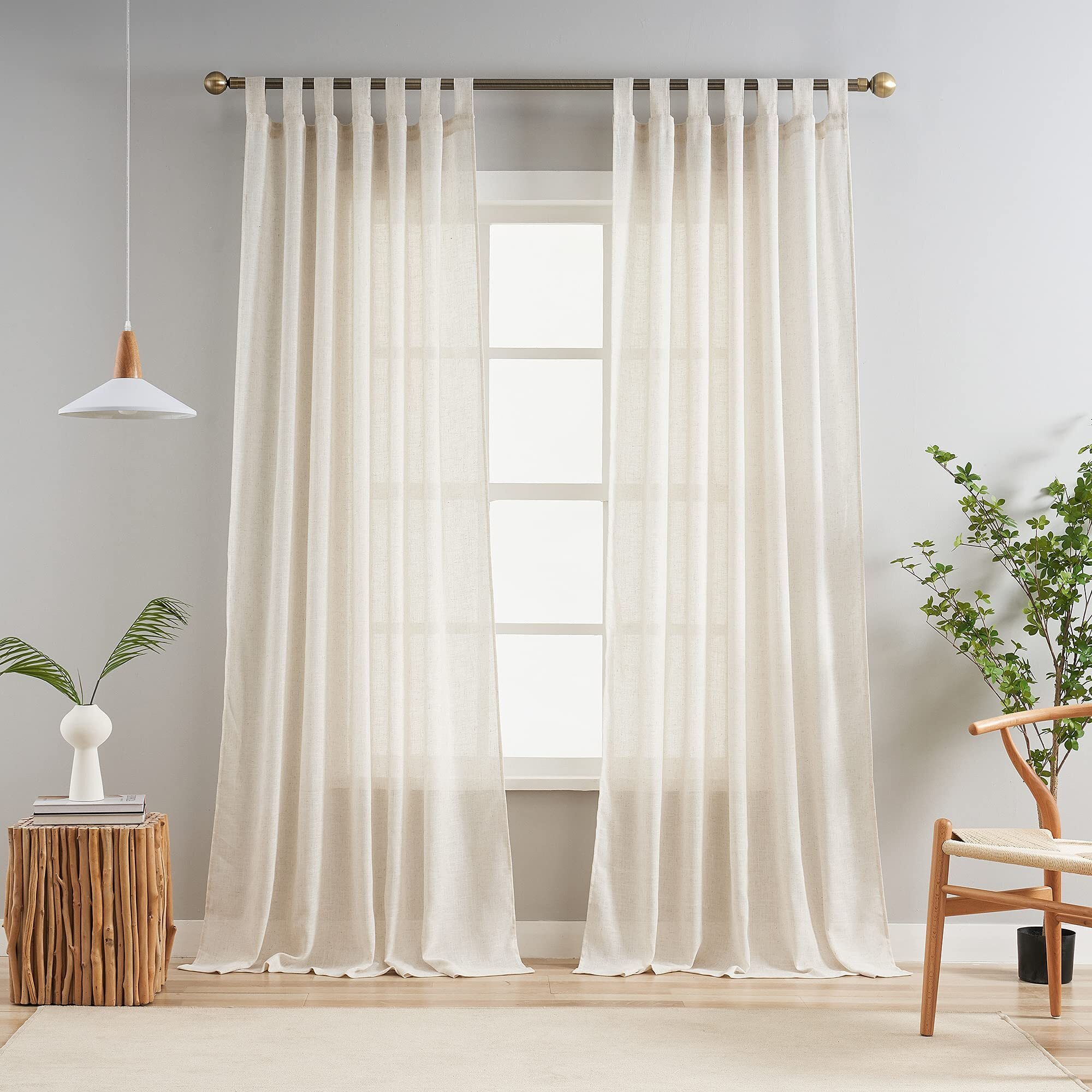 Voilybird Natural Linen Semi Sheer Curtains Tab Top Light Filtering Elegant Curtains & Drapes For Living Room 52 X 90 Inch Length  Set Of 2 Panels