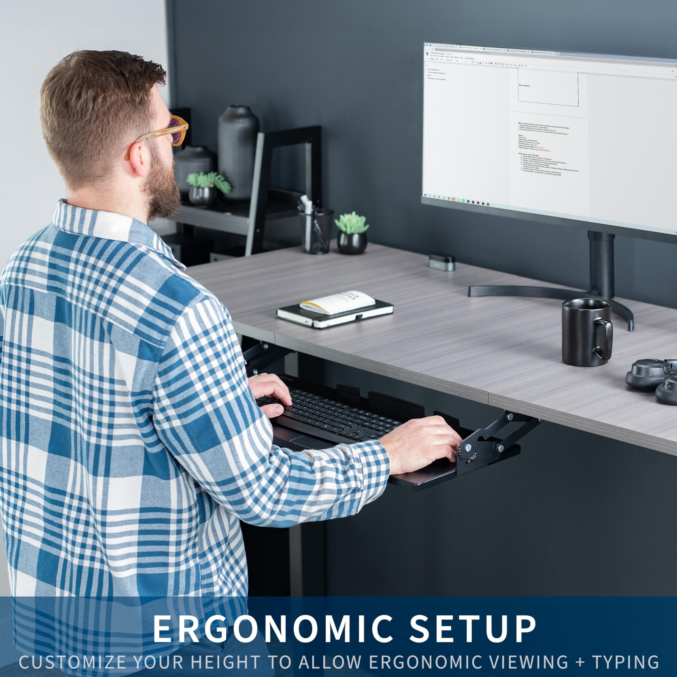 Vivo Large Under Desk 27 X 11 Inch Computer Keyboard And Mouse Tray With Swinging Height Adjustment  12 Settings  Platform Drawer For Typing  Black  Mount-Kb08S