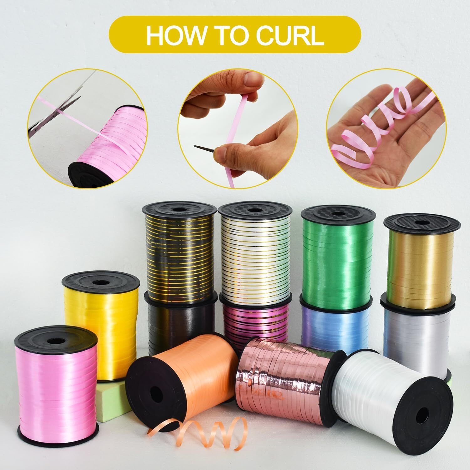 Toniful 500 Yards Curling Ribbon-Balloon Ribbon-Balloon String For Art&Craft Decor Gift Wrapping Ribbons And Bows For Christmas New Year Birthday Gifts Graduation Supplies (Yellow)