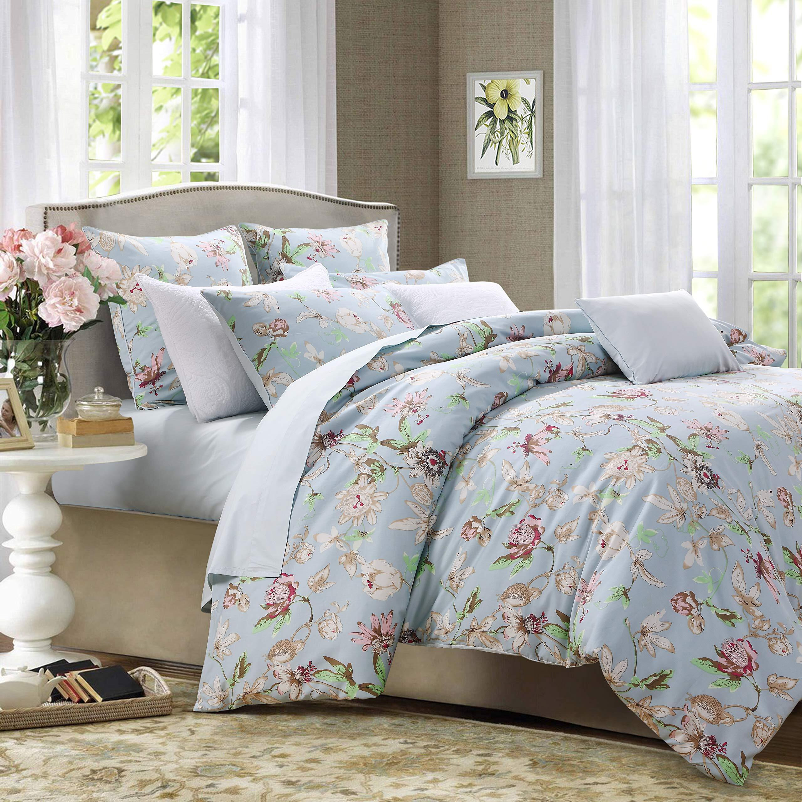 Brandream Farmhouse Duvet Cover Set Full Size Dorm Bedding (Duvet Cover + 2 Pillow Shams) Blue Vintage Botanical Flower Printed Kids Floral Girls Bedding Set 800Tc Egyptian Cotton Sateen