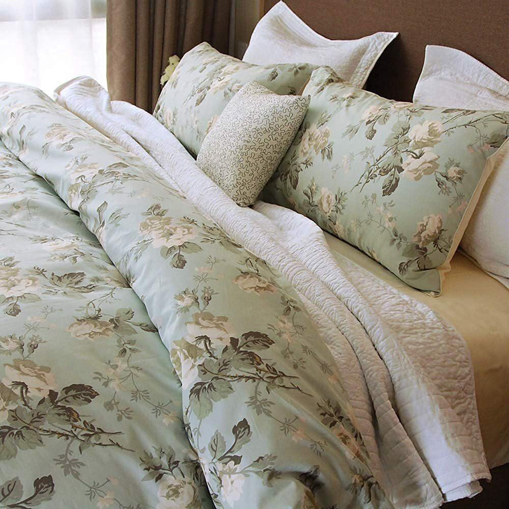 Brandream French Country Garden Toile Floral Duvet Cover King Size Bedding Set Cotton Asian Style Tapestry Chinoiserie Peony Blossom Tree Branches Multicolored Design (King Mint Green)