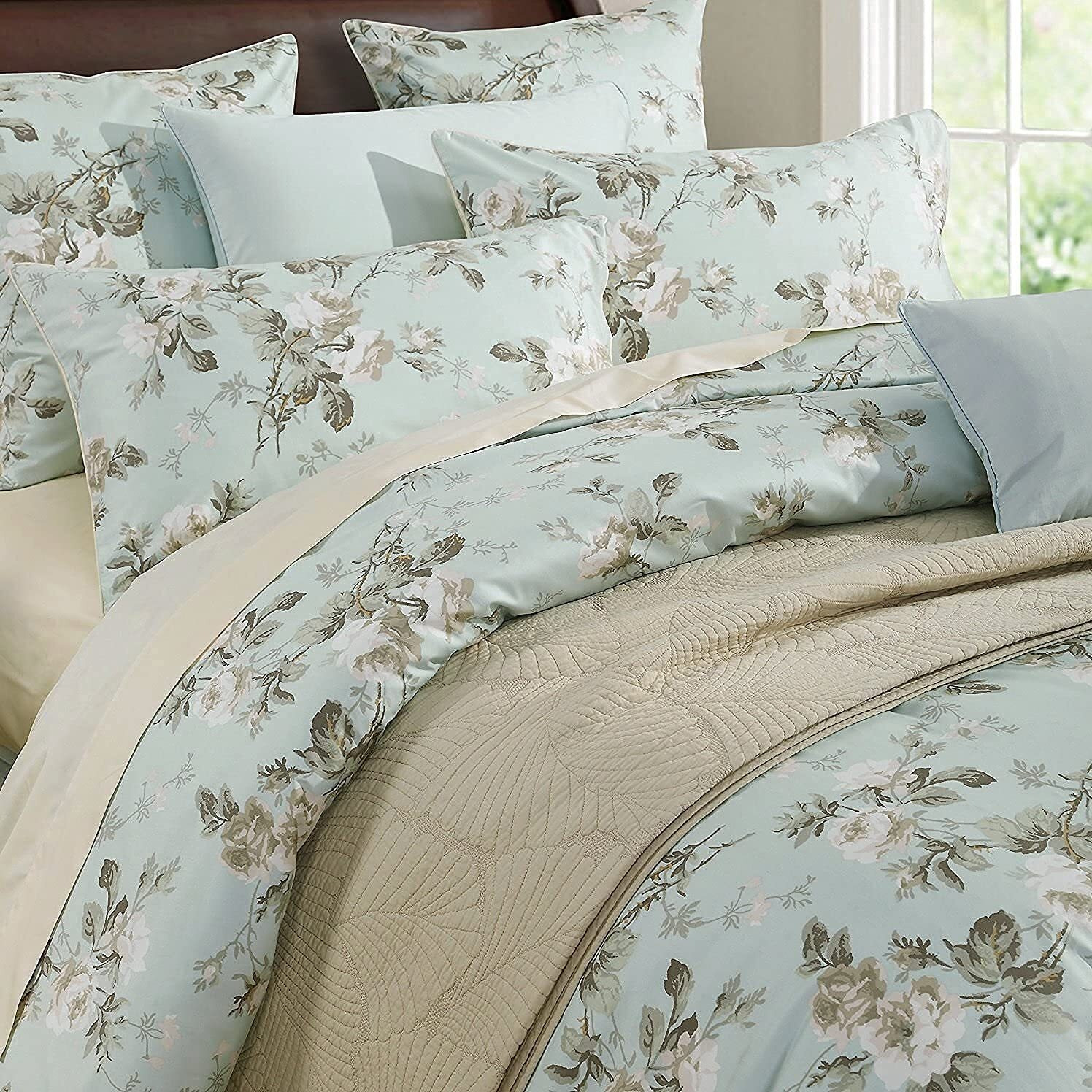Brandream French Country Garden Toile Floral Duvet Cover King Size Bedding Set Cotton Asian Style Tapestry Chinoiserie Peony Blossom Tree Branches Multicolored Design (King Mint Green)