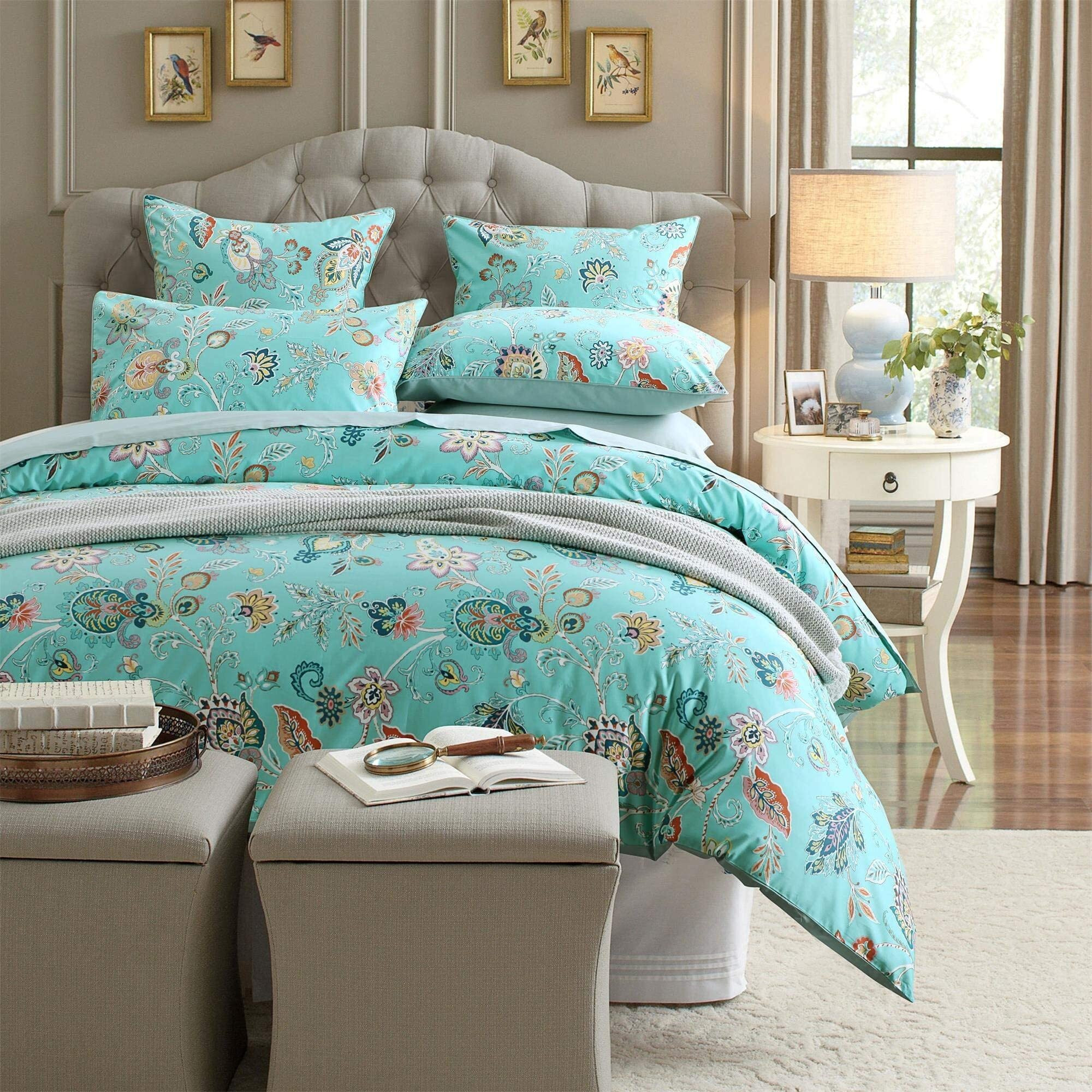 Brandream Boho Paisley Duvet Cover Set King Size (1 Duvet Cover + 2 Pillow Shams) Cotton Teal Print Luxurious Damask Floral Bedding Ultra-Soft Breathable Egyptian Cotton